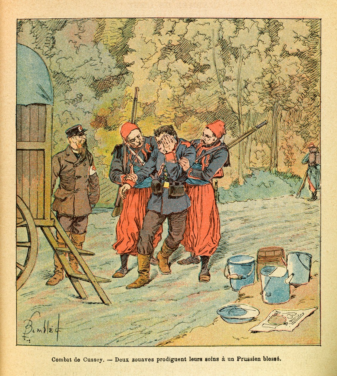 El ejército oriental de Eugene Sergeant, conocido como Grenest, ilustrado por Louis Bombled: batalla de Cussey, octubre de 1870, dos zuavos cuidan a un prusiano herido de Louis Charles Bombled