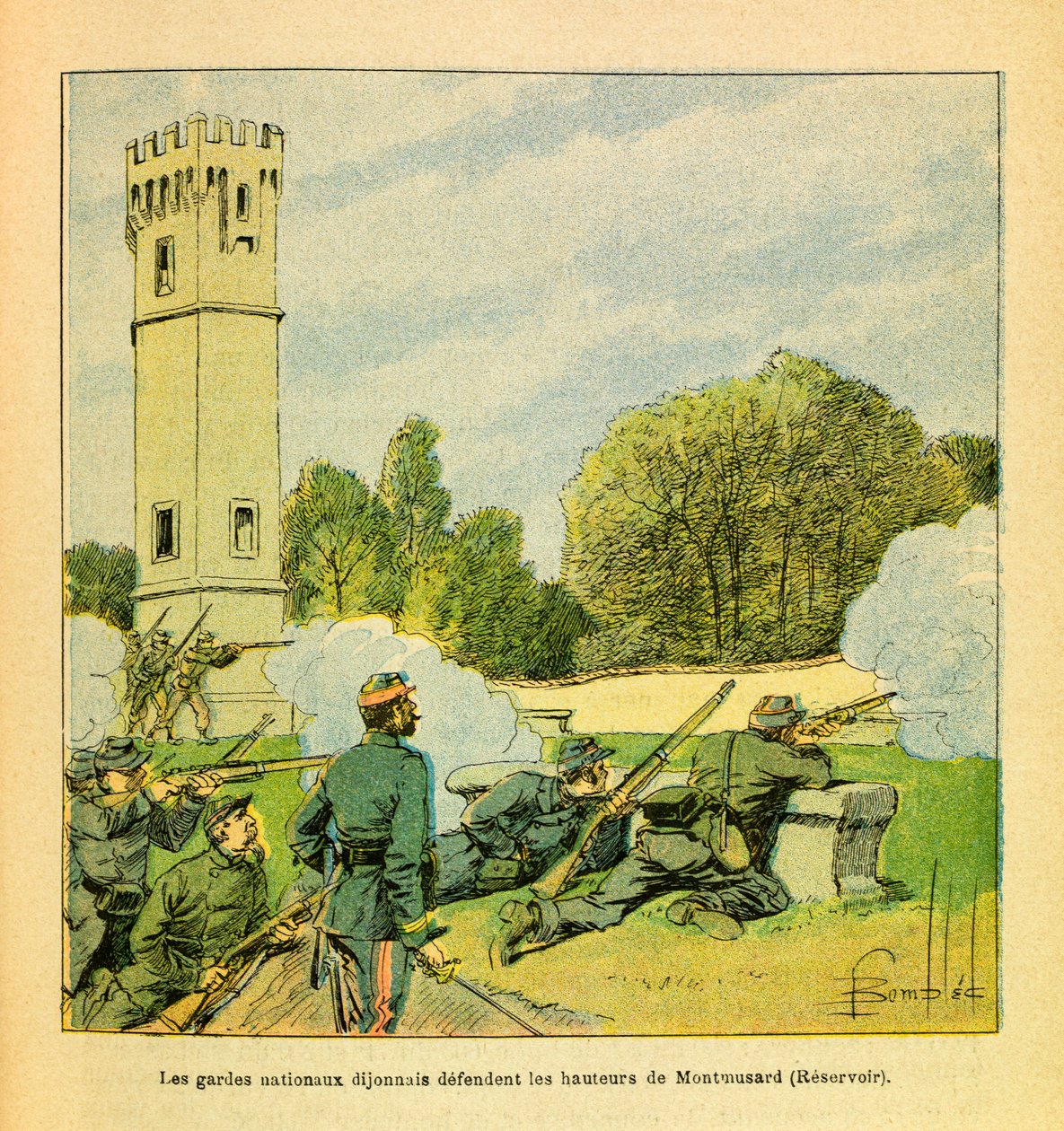 El Ejército del Este de Eugene Sergeant, conocido como Grenest, ilustrado por Louis Bombled (1862-1927): Defensa de Dijon en octubre de 1870, los Guardias Nacionales de Dijon defienden las alturas de Montmusard, Colección Privada de Louis Charles Bombled