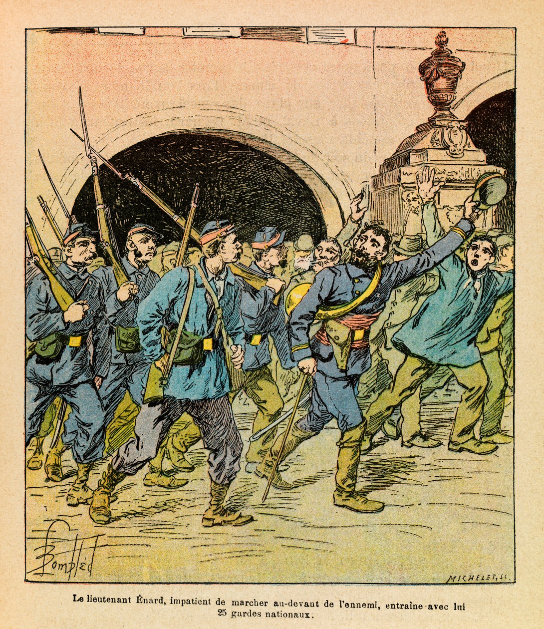 El Ejército del Este de Eugene Sergeant, conocido como Grenest, ilustrado por Louis Bombled (1862-1927): Durante los combates en Epinal en octubre de 1870, el Teniente Enard ansioso por avanzar frente al enemigo llevó consigo a la Guardia Nacional de Louis Charles Bombled