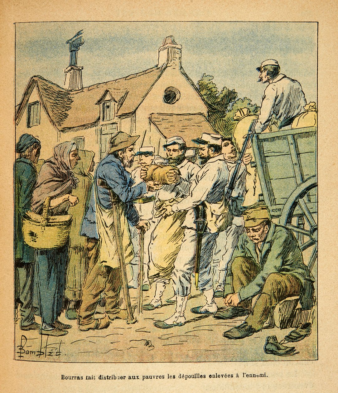 El Ejército del Este de Eugene Sergeant, conocido como Grenest, ilustrado por Louis Bombled (1862-1927) (Guerra Franco-Prusiana; campaña de 1870-1871): Los motivos del Coronel Bourras distribuidos a los pobres, colección particular de Louis Charles Bombled
