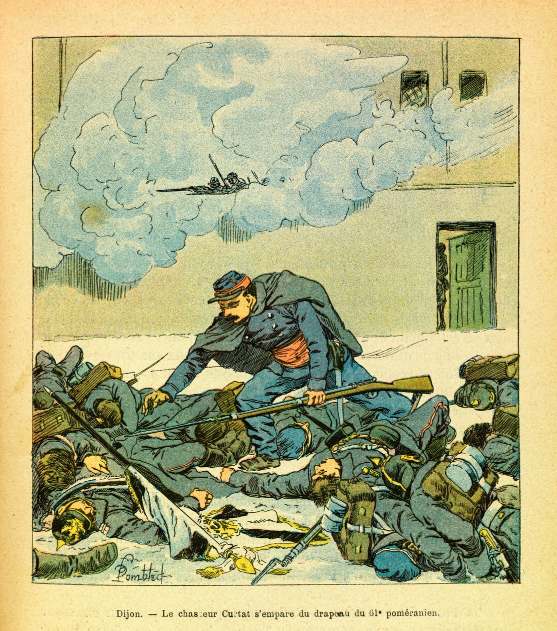 El Ejército del Este de Eugene Sergeant, conocido como Grenest, ilustrado por Louis Bombled (1862-1927) (Guerra Franco-Prusiana; campaña de 1870-1871): Dijon, enero de 1871, el cazador Victor Curtat se apodera de la bandera del 61 Pomerano, colección priva de Louis Charles Bombled