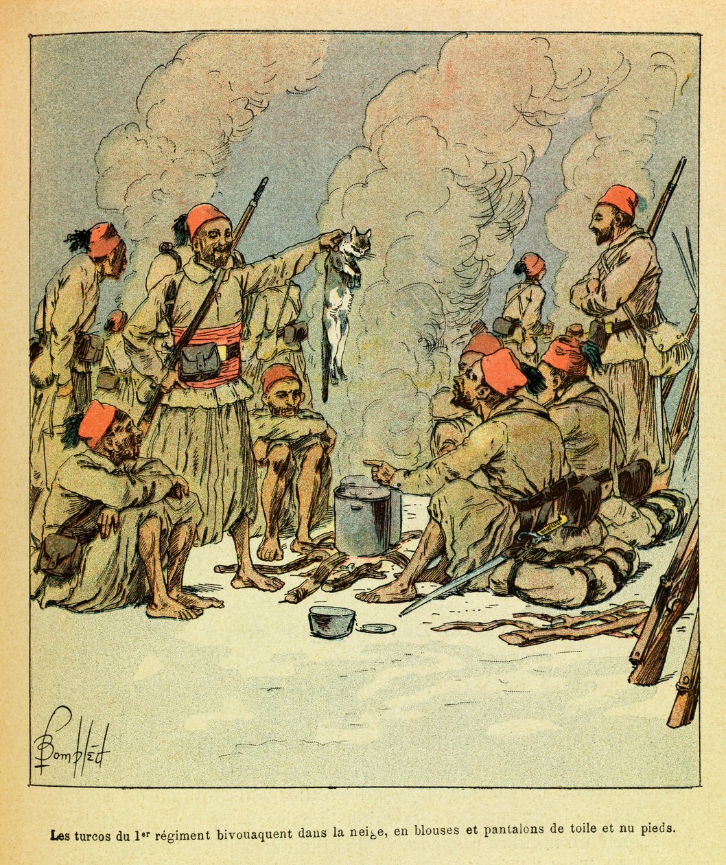 El Ejército del Este de Eugene Sergeant, conocido como Grenest, ilustrado por Louis Bombled (1862-1927) (Guerra Franco-Prusiana; campaña de 1870-1871): Enero de 1871, los turcos del 1er regimiento acampan en la nieve, con blusas y pantalones de lona y desc de Louis Charles Bombled