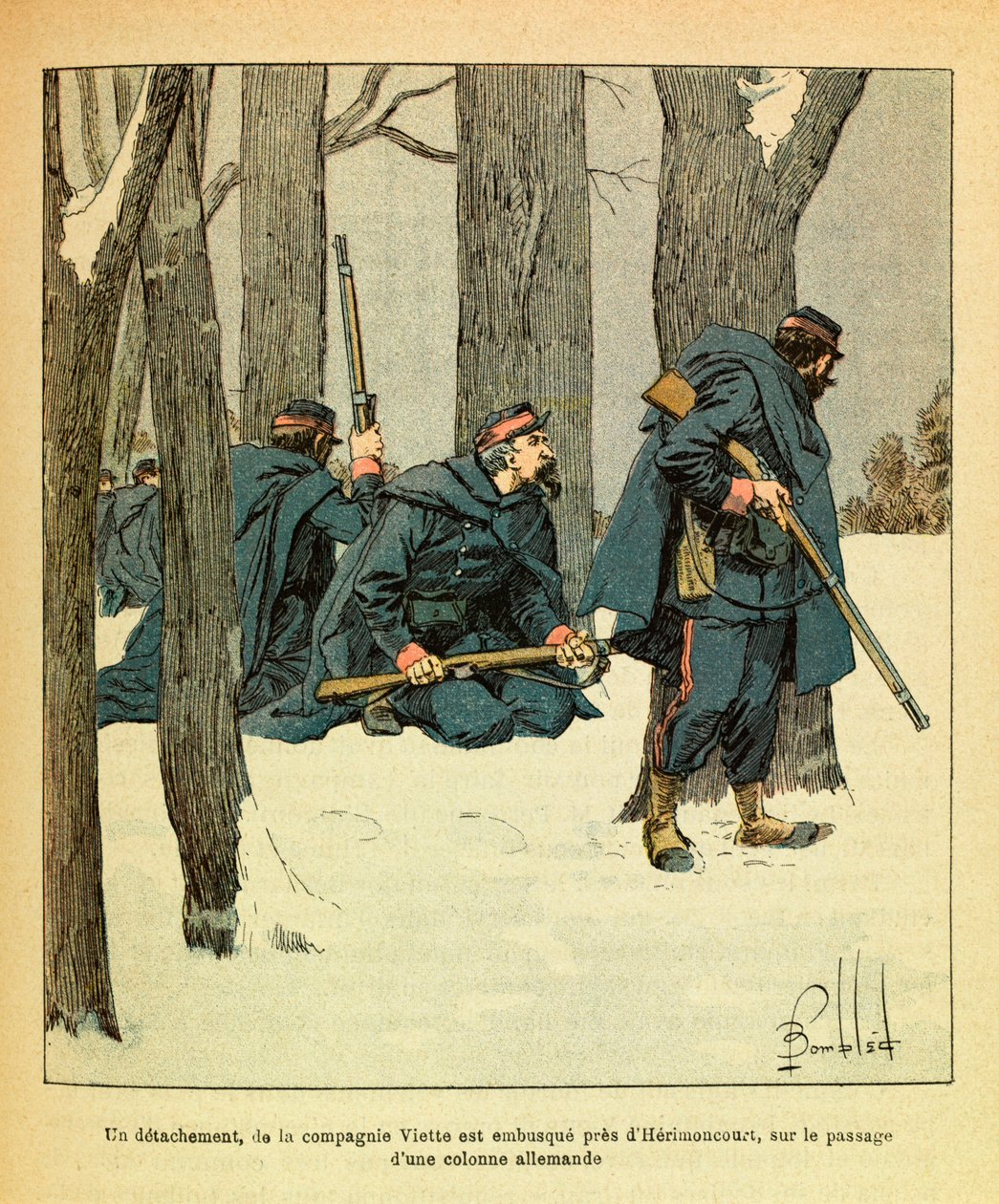 El Ejército del Este de Eugene Sergeant, conocido como Grenest, ilustrado por Louis Bombled (1862-1927) (Guerra Franco-Prusiana; campaña de 1870-1871): Enero de 1871, un destacamento de la Compañía Viette fue emboscado cerca de Herimoncourt, en el paso de  de Louis Charles Bombled
