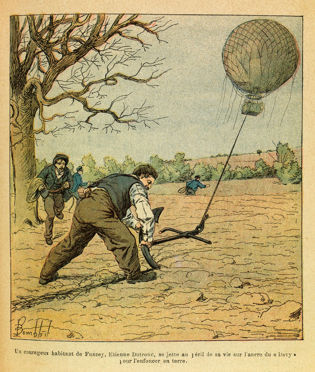 El Ejército del Este de Eugene Sergeant, conocido como Grenest, ilustrado por Louis Bombled (1862-1927) (Guerra Franco-Prusiana; campaña de 1870-1871): Batalla de Nuits Saint Georges; campesinos intentan sostener un globo de observación, colección privada de Louis Charles Bombled