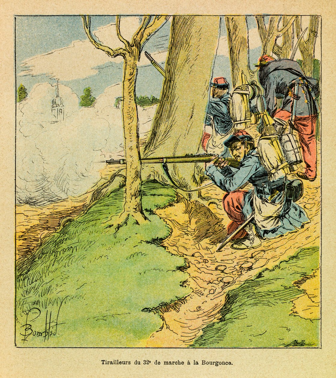 El Ejército del Este de Eugene Sergeant, conocido como Grenest, ilustrado por Louis Bombled (1862-1927) (Guerra Franco-Prusiana; campaña de 1870-1871): Bajo las órdenes del General Dupré, un zapatero del 32º marcha en la Batalla de La Bourgonce en octubre  de Louis Charles Bombled