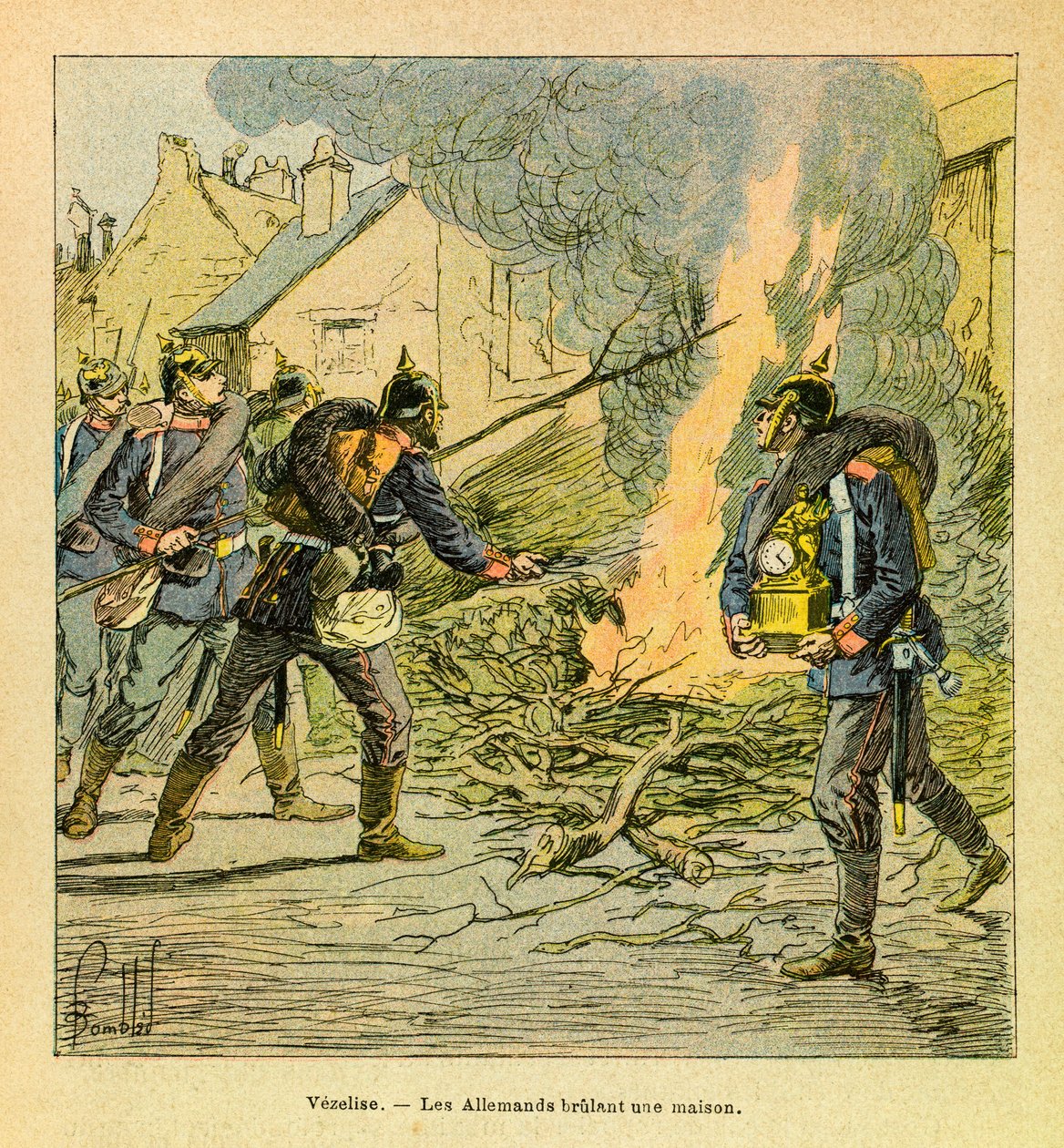 El Ejército del Este de Eugene Sergeant, conocido como Grenest, ilustrado por Louis Bombled (1862-1927) (Guerra Franco-Prusiana; campaña de 1870-1871): En Vezelise, los prusianos después de invadir la ciudad, queman una casa, colección privada de Louis Charles Bombled