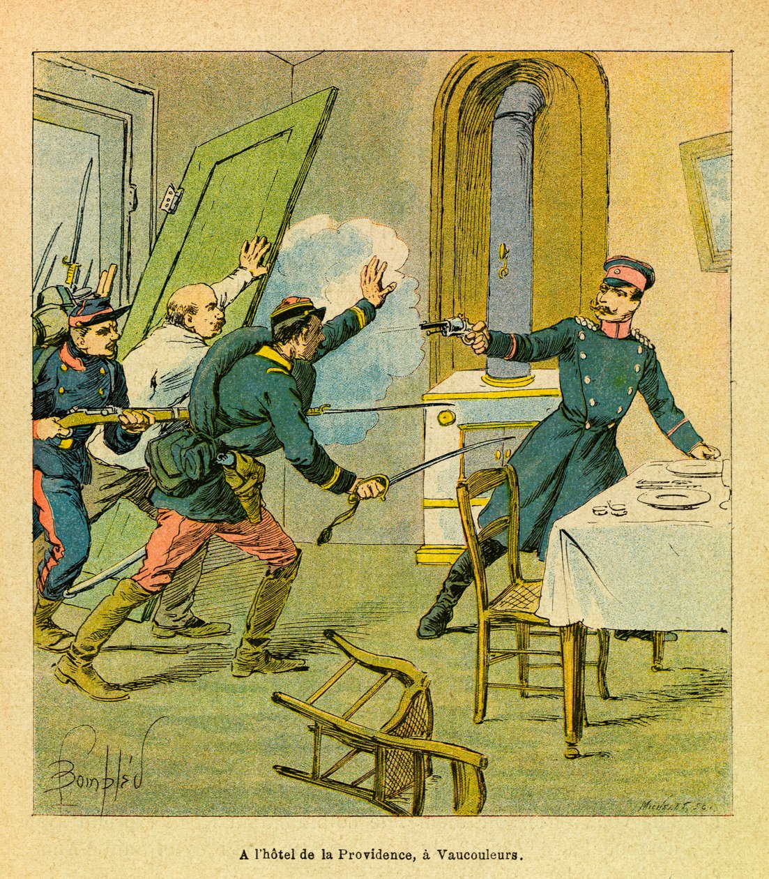 El Ejército del Este de Eugene Sergeant, conocido como Grenest, ilustrado por Louis Bombled (1862-1927) (Guerra Franco-Prusiana; campaña de 1870-1871): Un oficial prusiano tomado prisionero por motivos franceses en Vaucouleurs, colección privada de Louis Charles Bombled