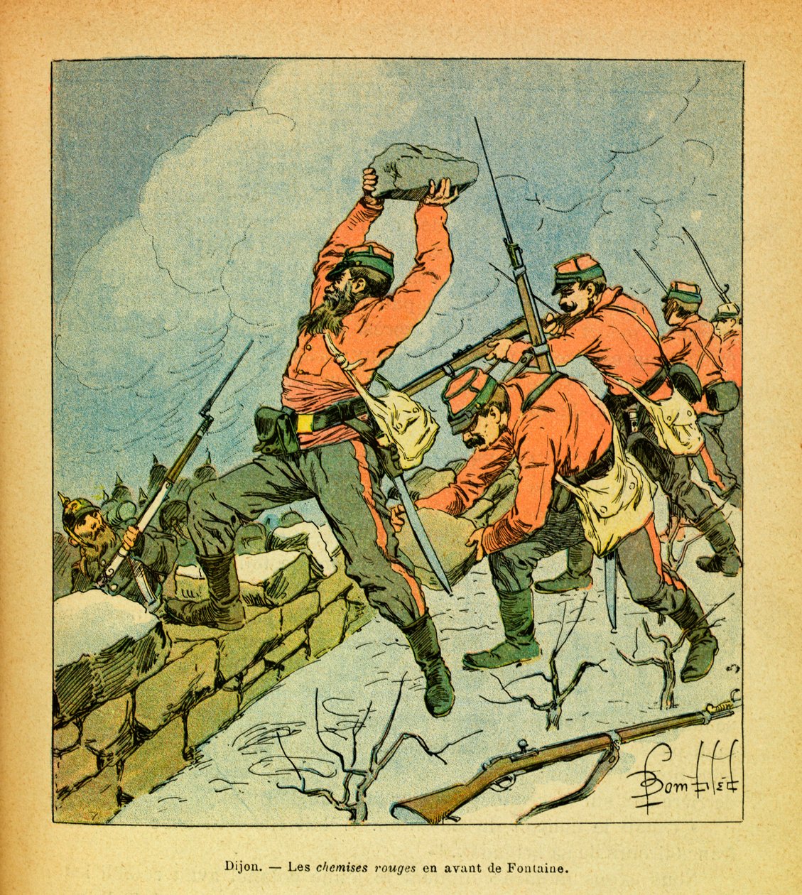El Ejército del Este de Eugene Sergeant, conocido como Grenest, ilustrado por Louis Bombled (1862-1927): Las camisas rojas de Garibaldi frente a Fontaine durante las batallas de Dijon en enero de 1871, Colección Privada de Louis Charles Bombled