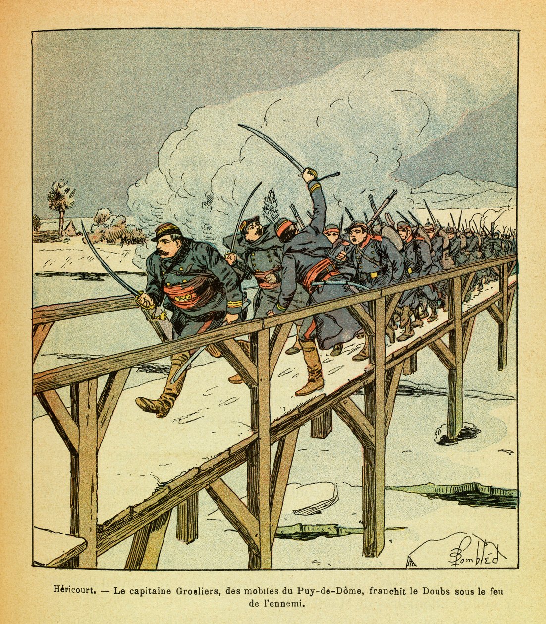 El Ejército del Este de Eugene Sergeant, conocido como Grenest, ilustrado por Louis Bombled (1862-1927): Enero de 1871, Hericourt, el Capitán Grosliers y los motivos del Puy de Dome cruzan el Doubs bajo fuego enemigo, Colección Privada de Louis Charles Bombled