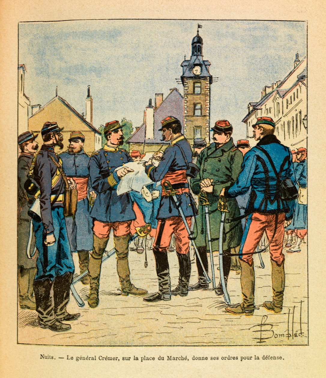 El Ejército del Este de Eugene Sergeant, conocido como Grenest, ilustrado por Louis Bombled (1862-1927): Batalla de Nuits Saint Georges; el General Cremer en la Plaza de la Marcha da sus órdenes para la defensa, diciembre de 1870, Colección Privada de Louis Charles Bombled