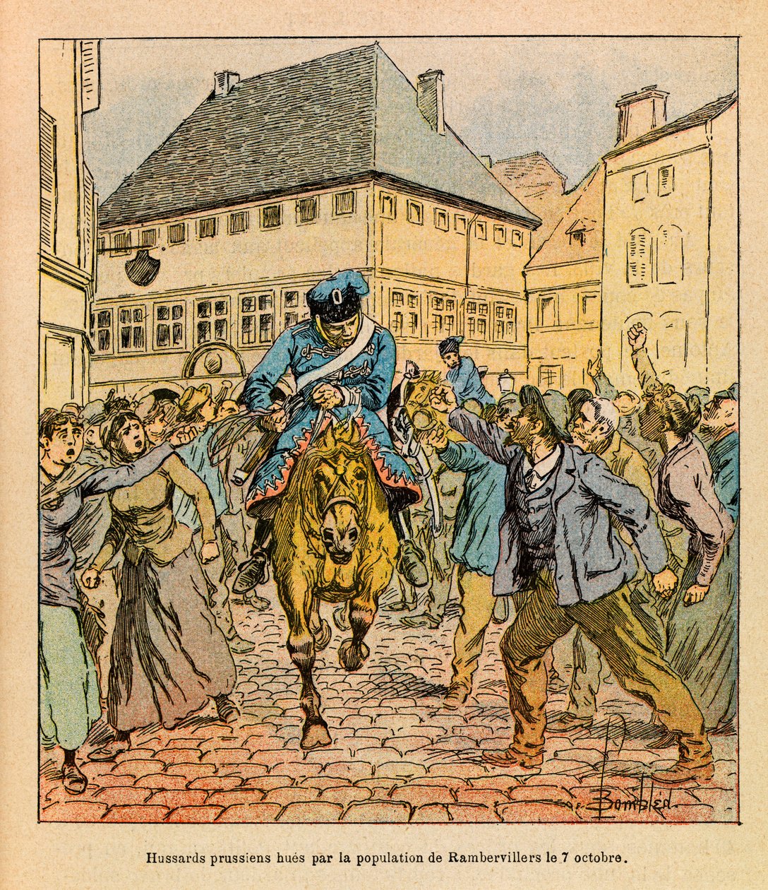 El Ejército del Este de Eugene Sergeant, conocido como Grenest, ilustrado por Louis Bombled (1862-1927): Vanguardia prusiana abucheada por la población de Rambervillers el 7 de octubre de Louis Charles Bombled