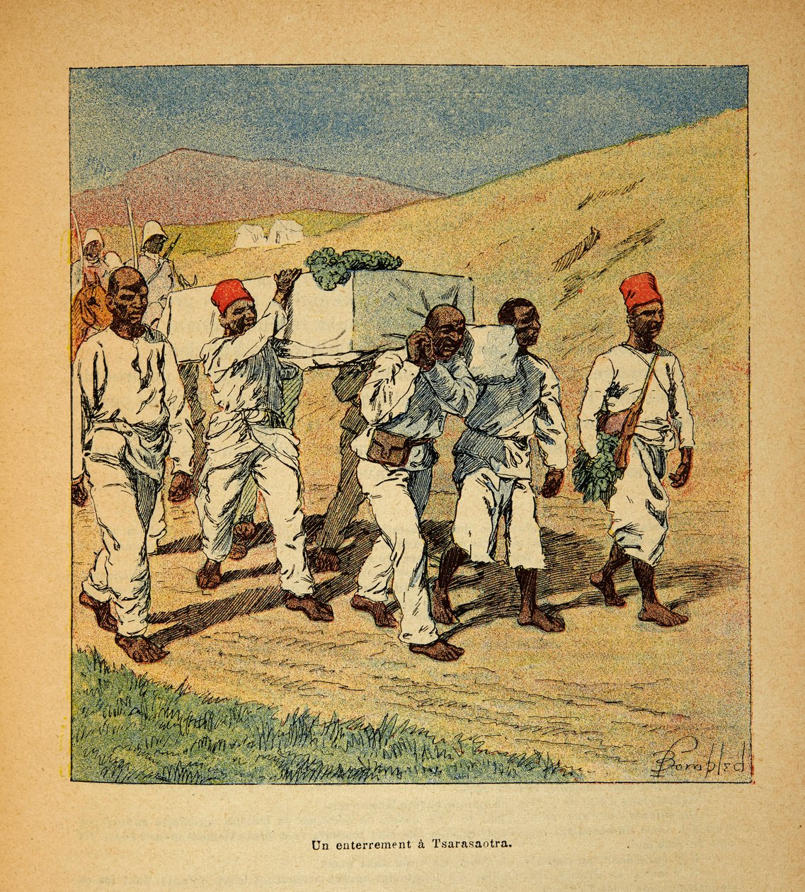 La Guerra en Madagascar-Historia Anecdótica de las Expediciones Francesas de 1885-1895 por Henri Galli dit Galllichet (1854-1922), ilustrado por Louis Bombled (1862-1927): Entierro de un soldado en Tsarasaotra en 1895, Colección Privada de Louis Charles Bombled