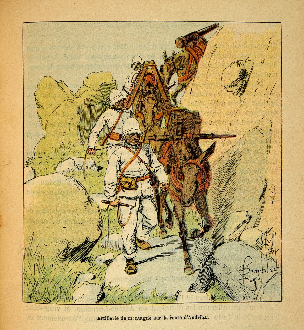 La Guerra en Madagascar-Historia Anecdótica de las Expediciones Francesas de 1885-1895 por Henri Galli dit Galllichet (1854-1922), ilustrado por Louis Bombled (1862-1927): Artillería de Montaña en el Camino de Andriba a Madagascar en 1895, Colección Privad de Louis Charles Bombled