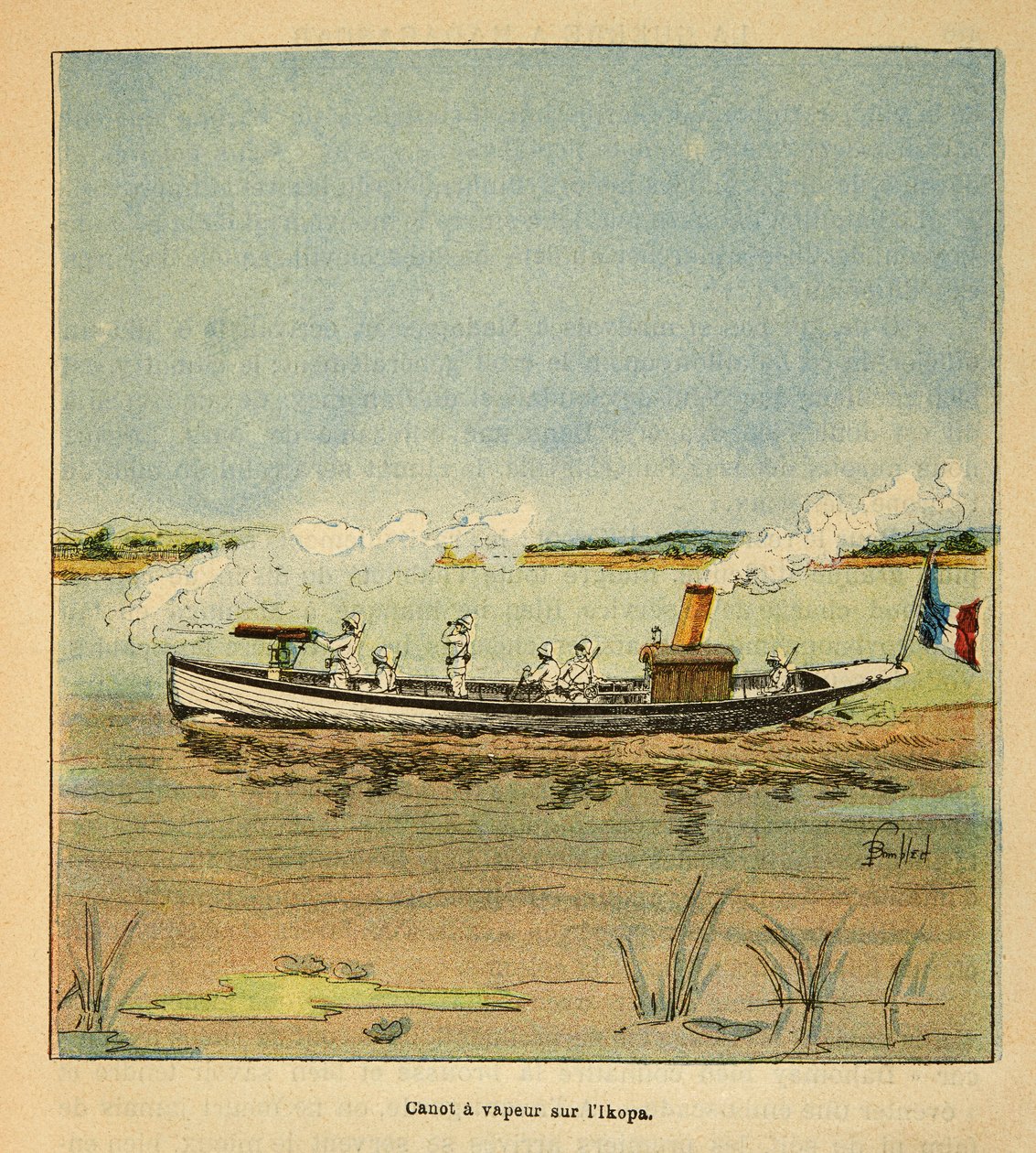 La Guerra en Madagascar-Historia Anecdótica de las Expediciones Francesas de 1885-1895 por Henri Galli dit Galllichet (1854-1922), ilustrado por Louis Bombled (1862-1927): Cañonera Francesa en el Río Ikopa en Madagascar en 1895, Colección Privada de Louis Charles Bombled