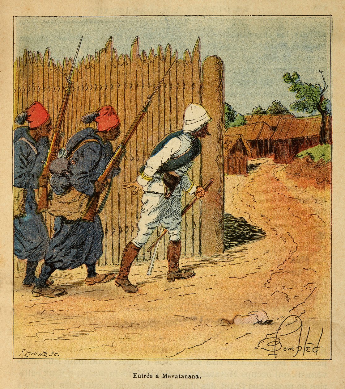La Guerra en Madagascar-Historia Anecdótica de las Expediciones Francesas de 1885-1895 por Henri Galli dit Galllichet (1854-1922), ilustrado por Louis Bombled (1862-1927): Tropas francesas entraron en el pueblo de Mevatanana en 1895, Colección Privada de Louis Charles Bombled