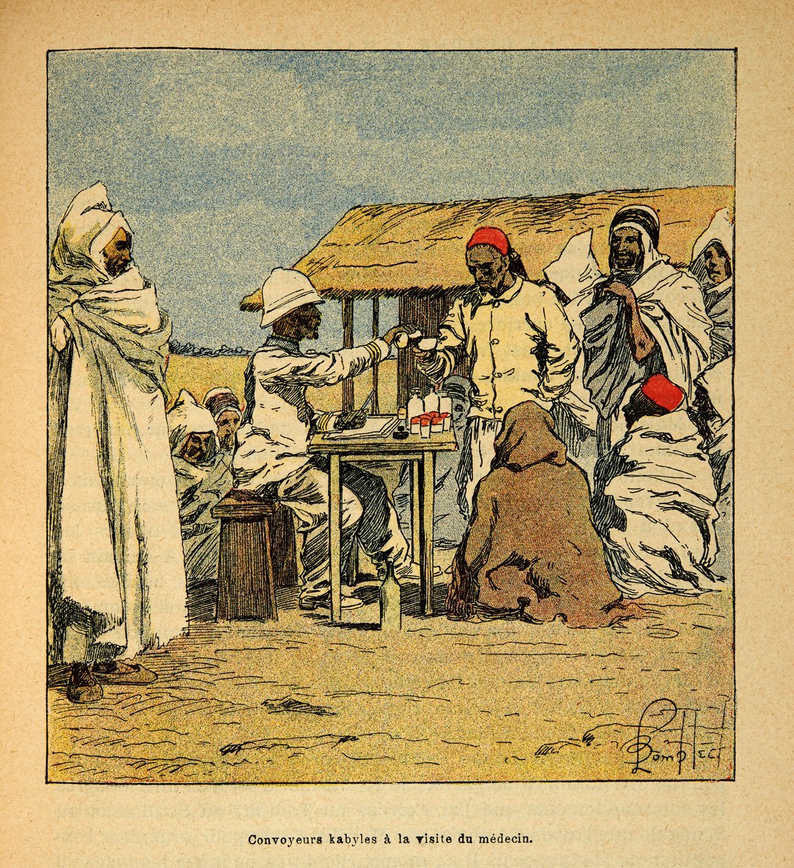 La Guerra en Madagascar-Historia Anecdótica de las Expediciones Francesas de 1885-1895 por Henri Galli dit Galllichet (1854-1922), ilustrado por Louis Bombled (1862-1927): Convoyeurs Kabiles en visita de un médico militar, Colección Privada de Louis Charles Bombled