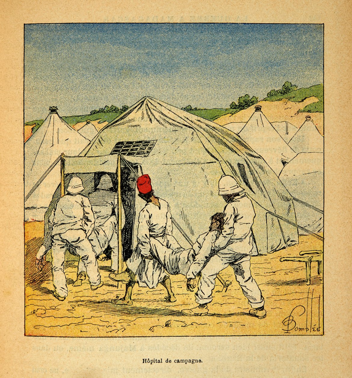 La Guerra en Madagascar-Historia Anecdótica de las Expediciones Francesas de 1885-1895 por Henri Galli dit Galllichet (1854-1922), ilustrado por Louis Bombled (1862-1927): Hospital de Campo Militar en Madagascar en 1895, Colección Privada de Louis Charles Bombled