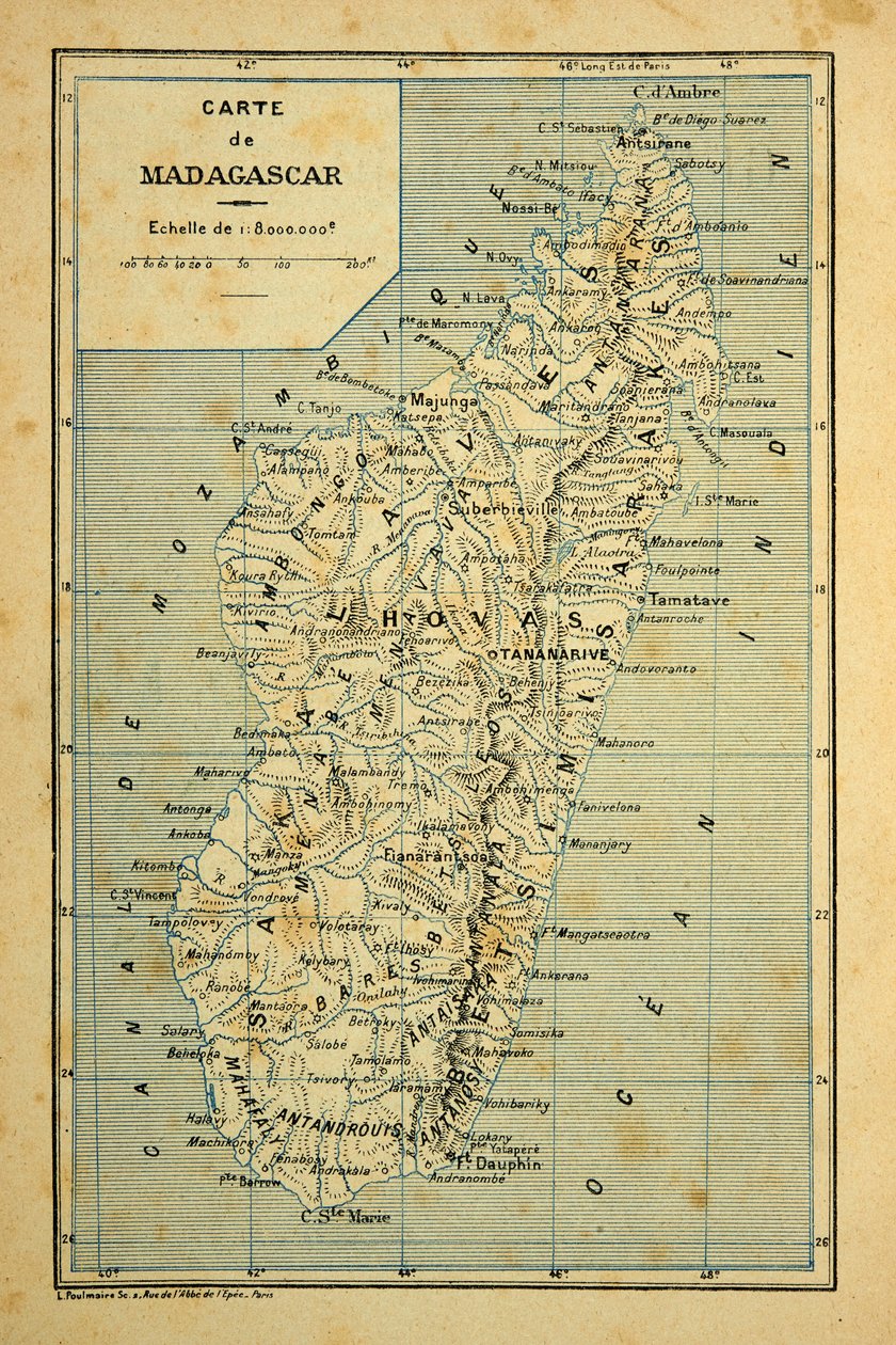 La Guerra en Madagascar-Historia anecdótica de las expediciones francesas de 1885-1895 por Henri Galli, ilustrada por Louis Bombled (1862-1927): Mapa de Madagascar, Colección Privada de Louis Charles Bombled