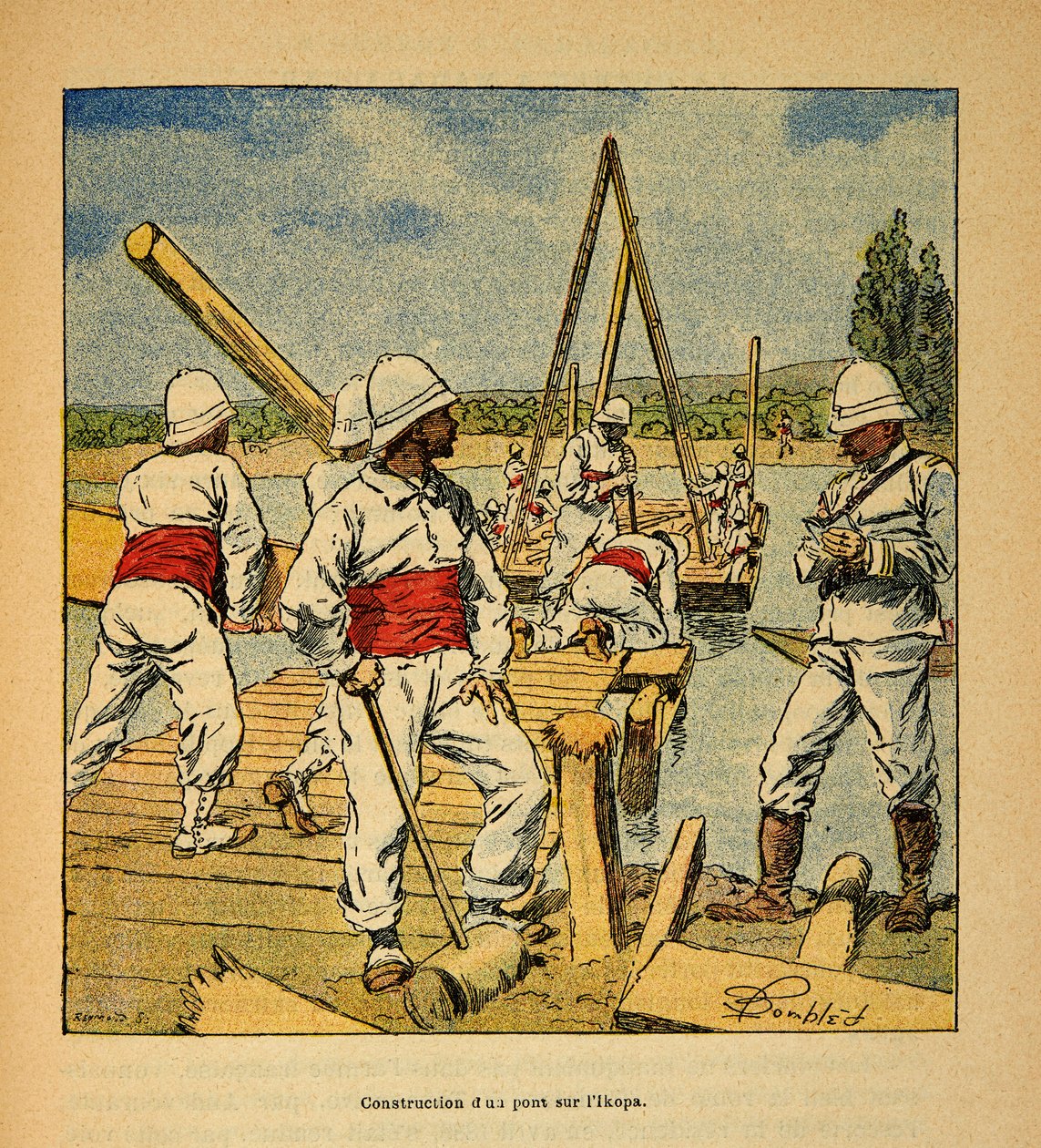 La Guerra en Madagascar-Historia anecdótica de las expediciones francesas de 1885-1895 por Henri Galli, ilustrada por Louis Bombled (1862-1927): Construcción de un puente por el genio en el río Ikopa en 1895, Colección Privada de Louis Charles Bombled