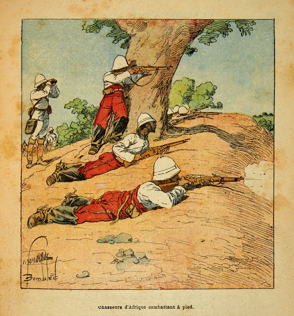La Guerra en Madagascar-Historia anecdótica de las expediciones francesas de 1885-1895 por Henri Galli, ilustrada por Louis Bombled (1862-1927): Cazadores de África luchando a pie en Madagascar en 1895, Colección Privada de Louis Charles Bombled