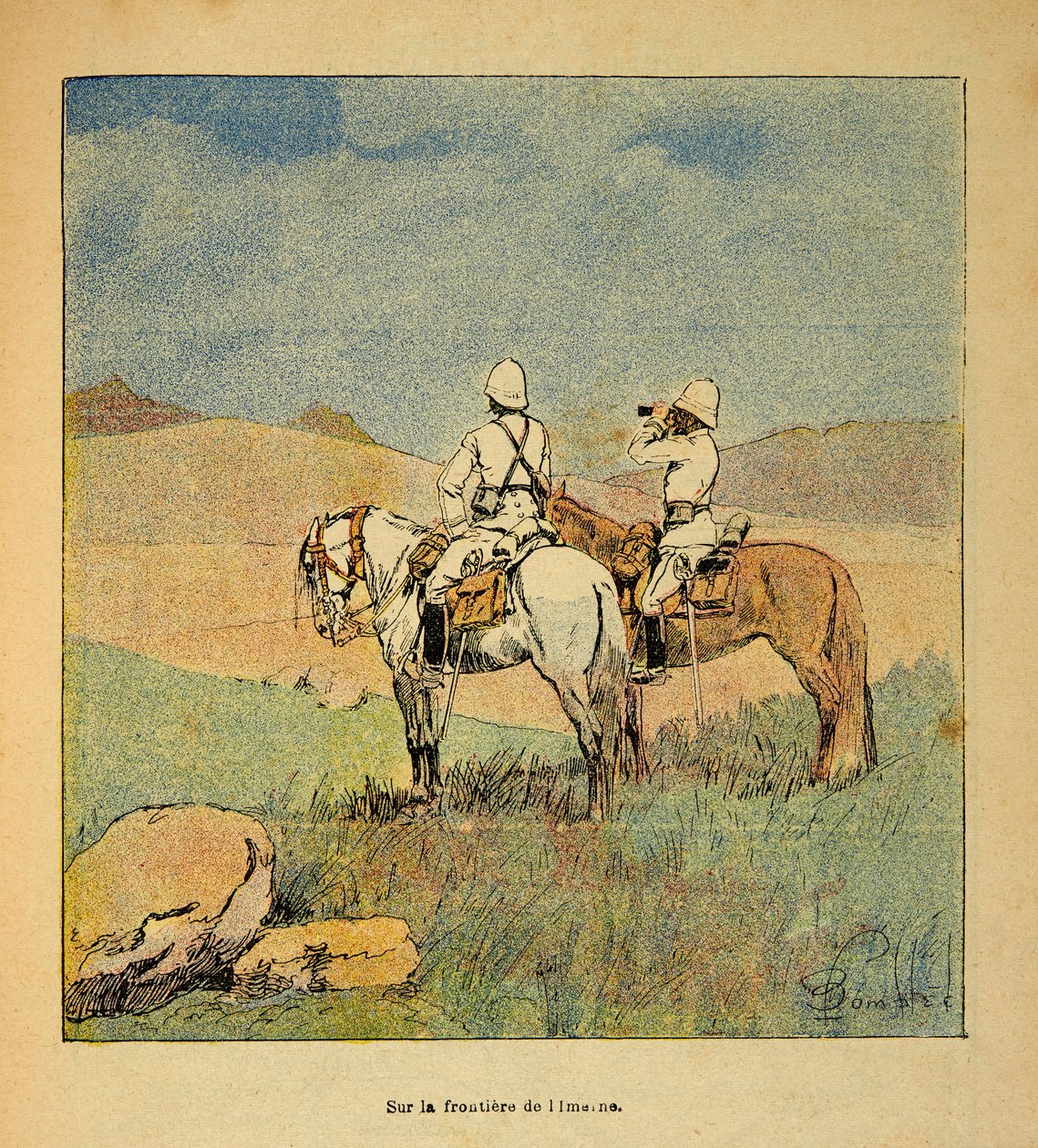 La Guerra en Madagascar - Historia anecdótica de las expediciones francesas de 1885-1895 por Henri Galli, ilustrado por Louis Bombled: Militares en reconocimiento en la frontera de Imerina en Madagascar en 1895 de Louis Charles Bombled