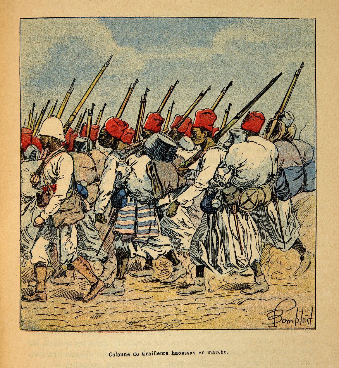 La Guerra en Madagascar - Historia anecdótica de las expediciones francesas de 1885-1895 por Henri Galli, ilustrado por Louis Bombled: Columna de tiradores Haoussas marchando en 1895 de Louis Charles Bombled