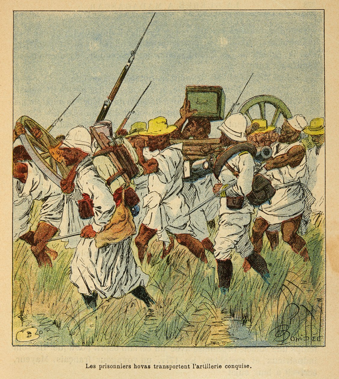 La Guerra en Madagascar - Historia anecdótica de las expediciones francesas de 1885-1895 por Henri Galli, ilustrado por Louis Bombled: Prisioneros Hovas utilizados para transportar piezas de artillería de Louis Charles Bombled