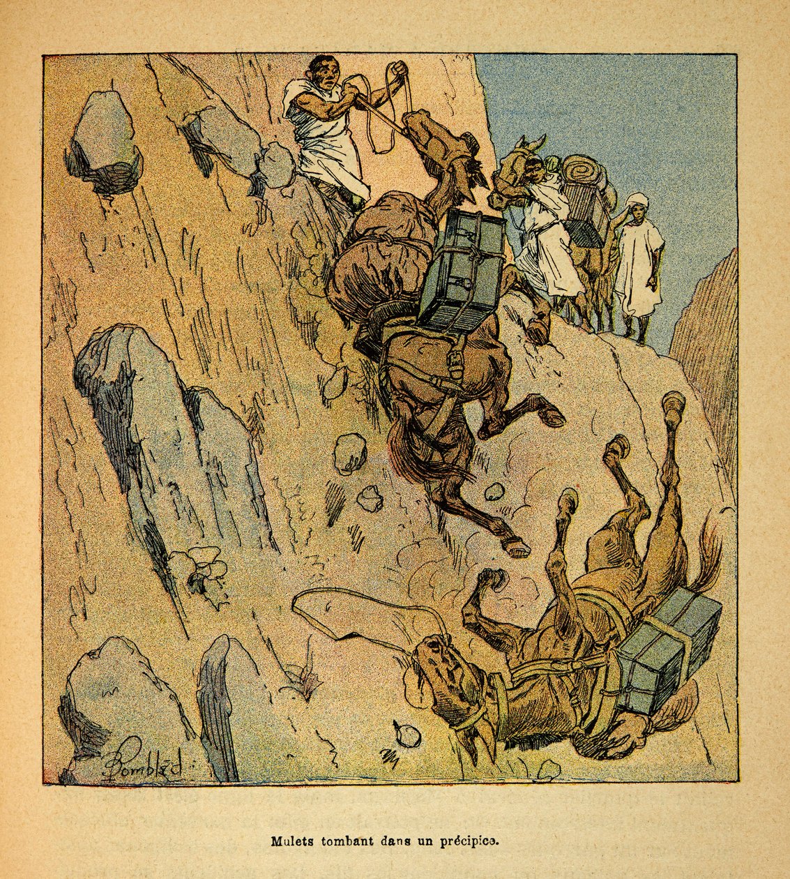 La guerra en Madagascar-Historia anecdótica de las expediciones francesas de 1885-1895 por Henri Galli, ilustrado por Louis Bombled (1862-1927): Mulas de un convoy militar cayendo en un precipicio, colección particular de Louis Charles Bombled