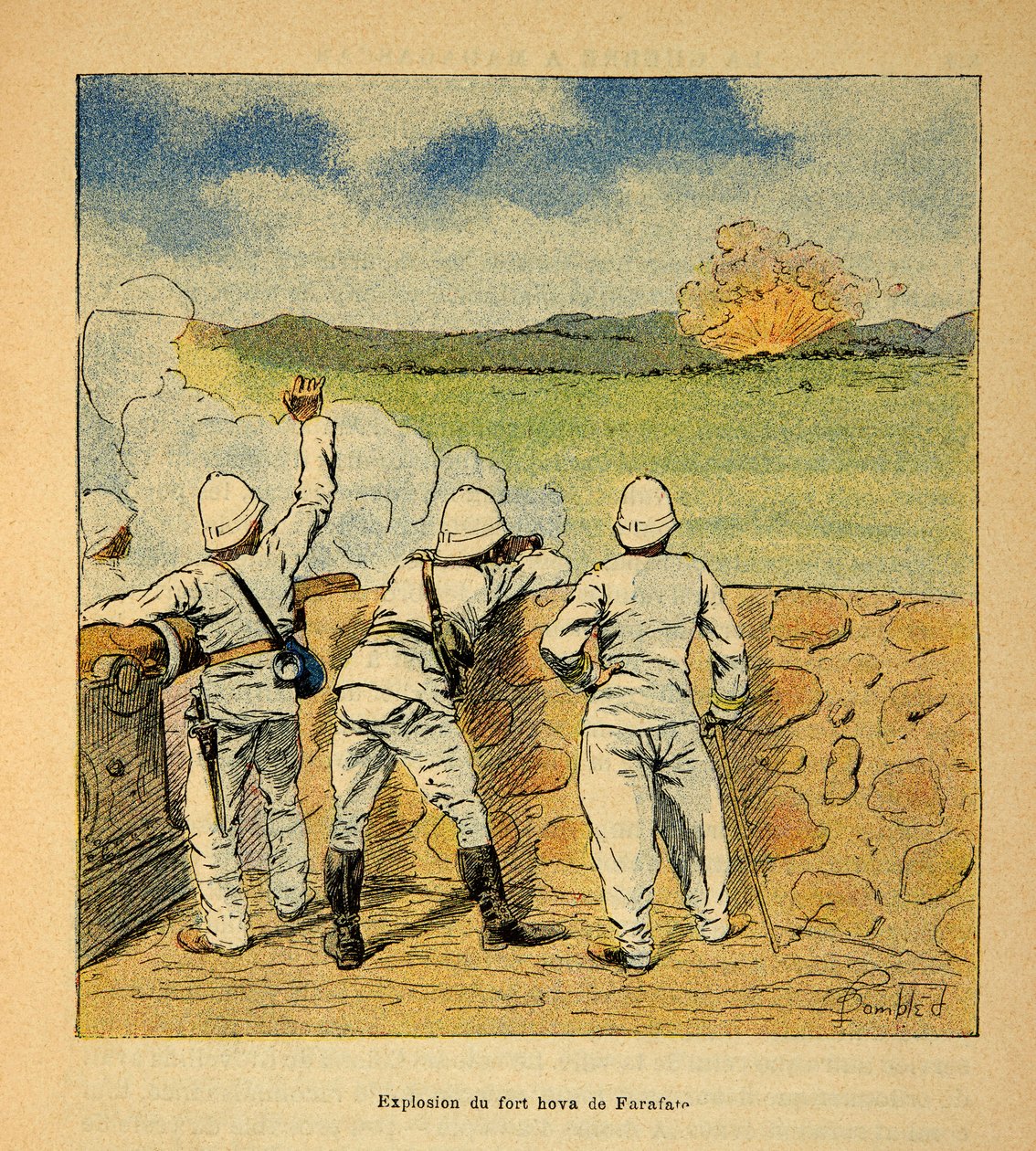 La guerra en Madagascar-Historia anecdótica de las expediciones francesas de 1885-1895 por Henri Galli, ilustrado por Louis Bombled (1862-1927): Explosión del Fuerte Hova en Farafate en 1895, colección privada de Louis Charles Bombled