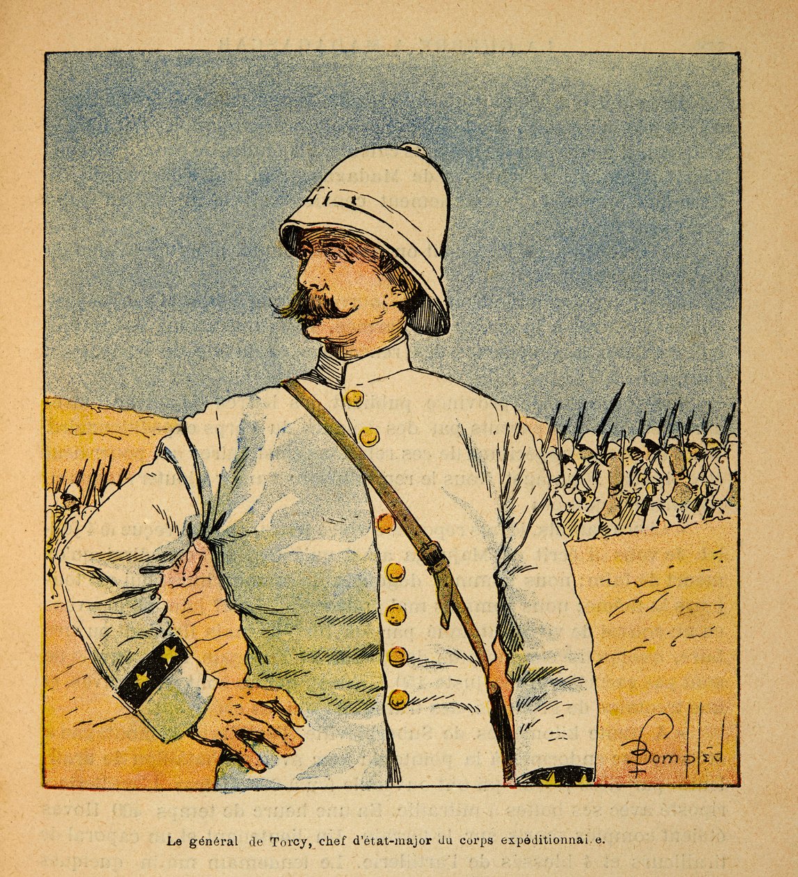 La guerra en Madagascar-Historia anecdótica de las expediciones francesas de 1885-1895 por Henri Galli, ilustrado por Louis Bombled (1862-1927): Retrato del general De Torcy (1844-1918), jefe de Estado Mayor de la Fuerza Expedicionaria en Madagascar de Louis Charles Bombled