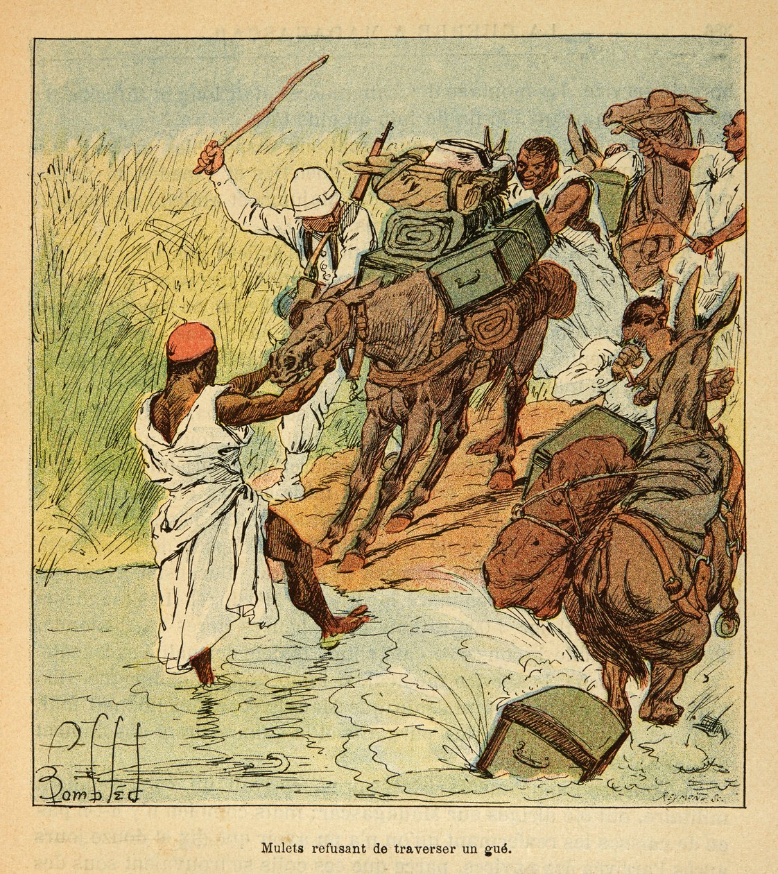La Guerra en Madagascar-Historia Anecdótica de las Expediciones Francesas de 1885-1895: Mulos negándose a cruzar un vado durante la expedición francesa a Madagascar en 1895 de Louis Charles Bombled