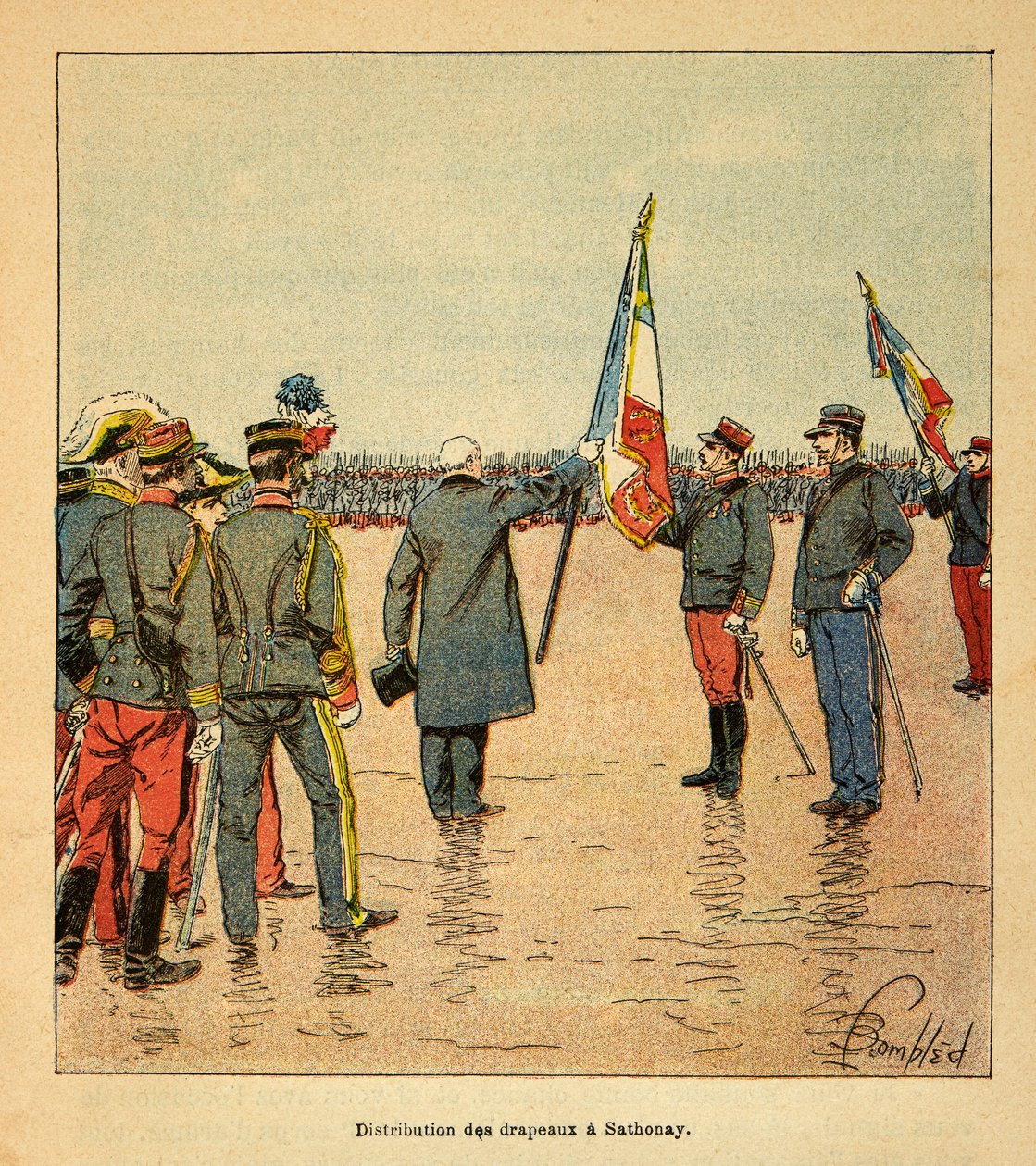 La Guerra en Madagascar-Historia Anecdótica de las Expediciones Francesas de 1885-1895: Distribución de banderas en Sathonay a las tropas que partían hacia Madagascar en 1895 de Louis Charles Bombled