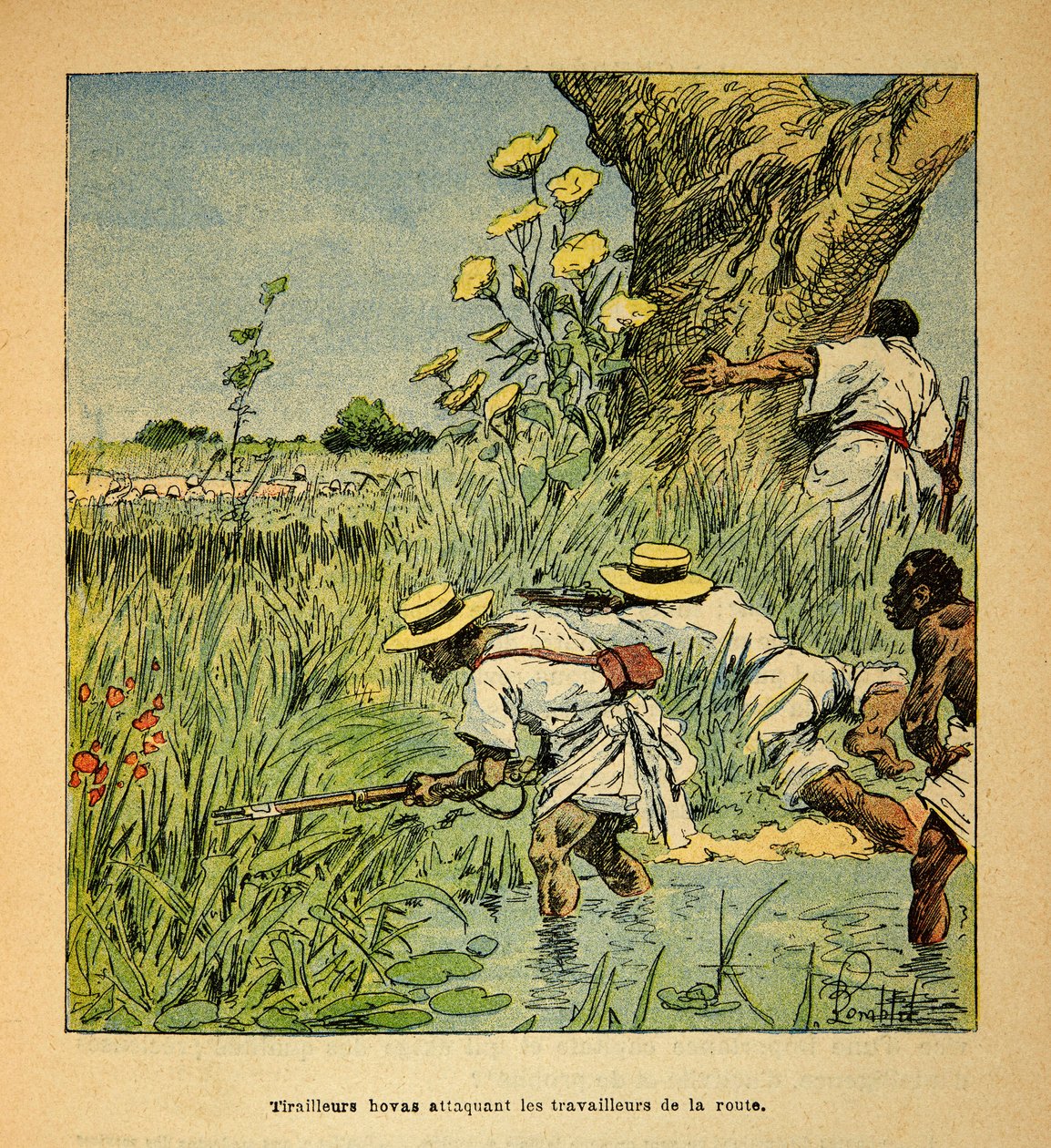 La guerra en Madagascar-Historia anecdótica de las expediciones francesas de 1885-1895 por Henri Galli, ilustrada por Louis Bombled: Tiradores Hovas atacando a los militares construyendo una carretera en 1895 de Louis Charles Bombled