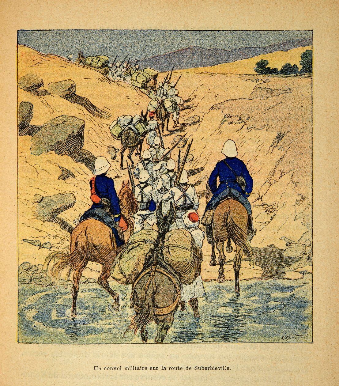 La guerra en Madagascar-Historia anecdótica de las expediciones francesas de 1885-1895 por Henri Galli, ilustrada por Louis Bombled: un convoy militar en la carretera a Suberbieville en 1895 de Louis Charles Bombled