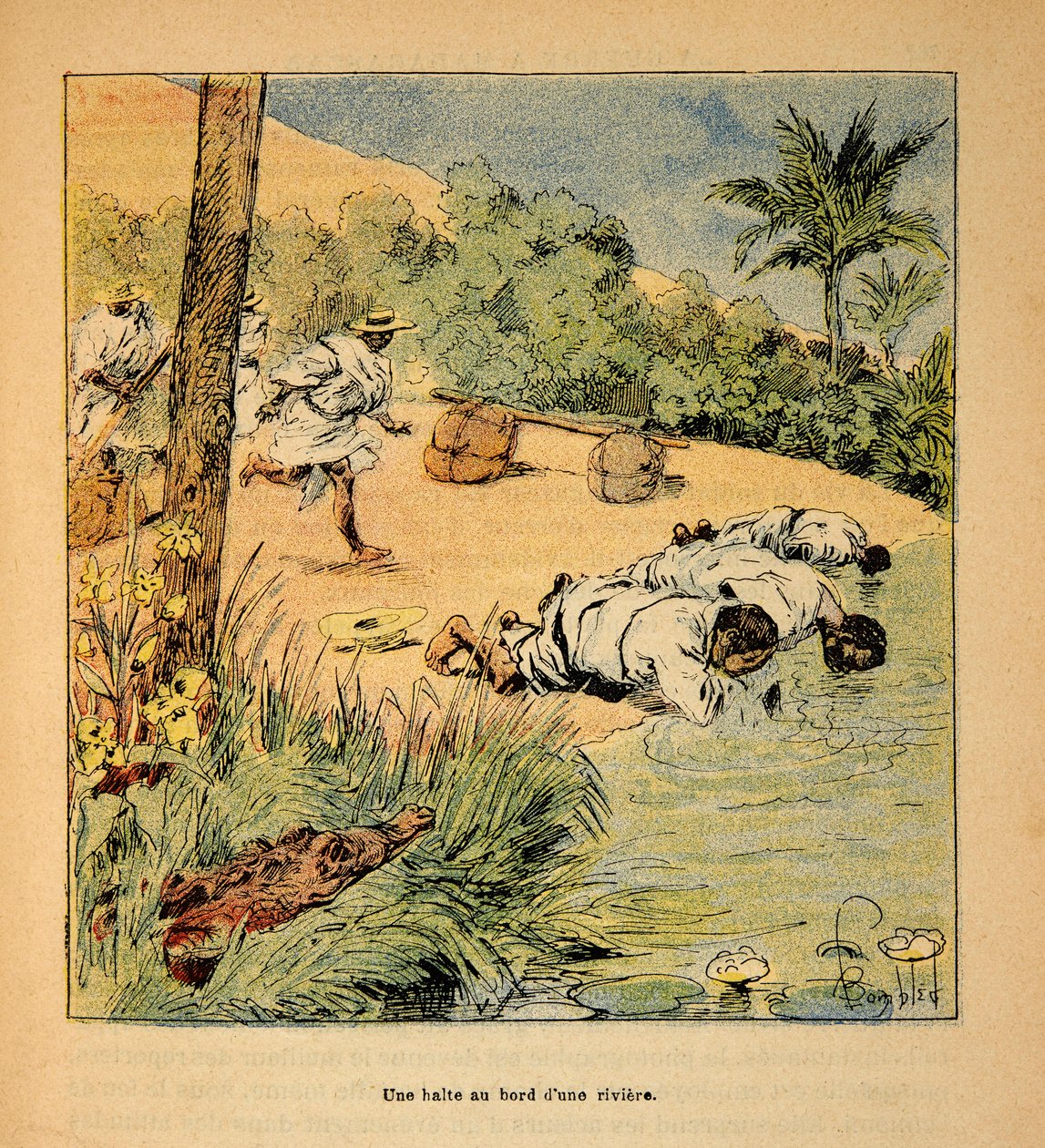 La Guerra en Madagascar-Historia Anecdótica de las Expediciones Francesas de 1885-1895 por Henri Galli, ilustrado por Louis Bombled: Una parada junto al río en 1895, Colección Privada de Louis Charles Bombled