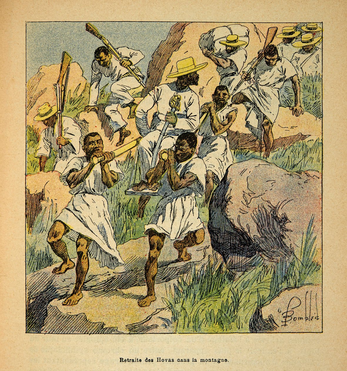 La Guerra en Madagascar-Historia Anecdótica de las Expediciones Francesas de 1885-1895 por Henri Galli, ilustrado por Louis Bombled: Retiro de las tropas Hovas en las montañas, Colección Privada de Louis Charles Bombled