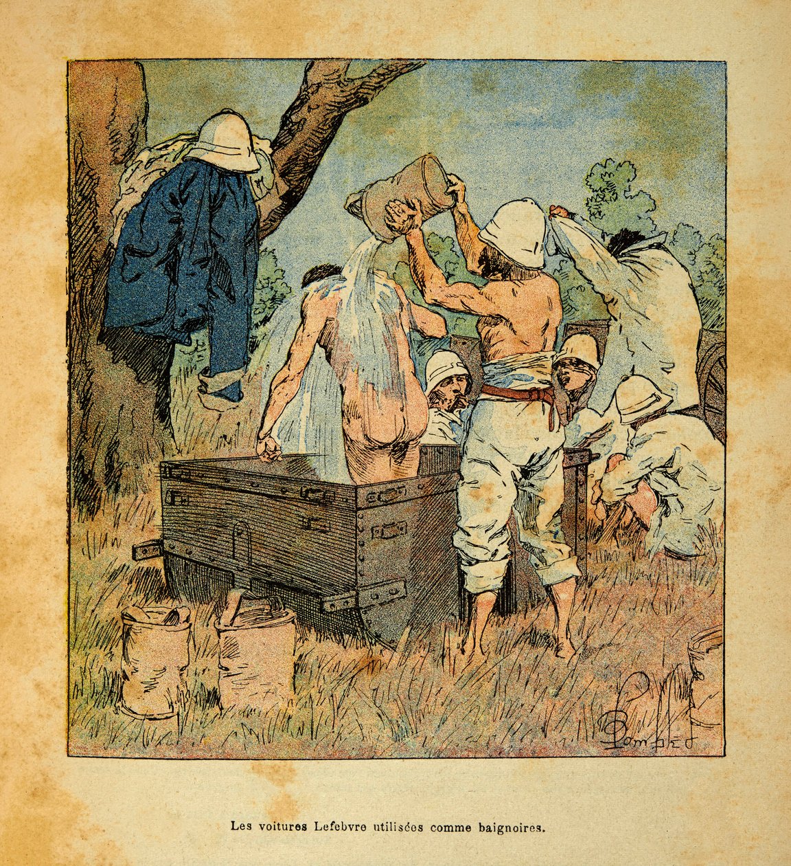 La guerra en Madagascar-Historia anecdótica de las expediciones francesas de 1885-1895 por Henri Galli, ilustrado por Louis Bombled: Los coches Lefebvre usados como bañera por los soldados en 1895 en Madagascar, Colección privada de Louis Charles Bombled