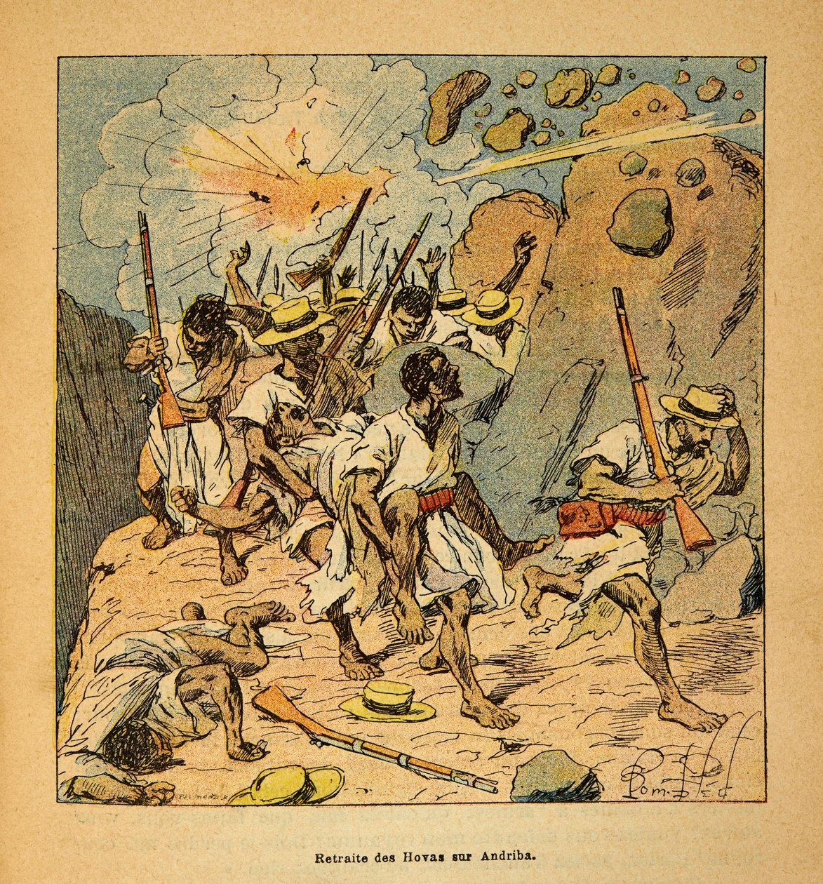 La guerra en Madagascar-Historia anecdótica de las expediciones francesas de 1885-1895 por Henri Galli, ilustrado por Louis Bombled: Retirada de los Hovas en Andriba, Colección privada de Louis Charles Bombled