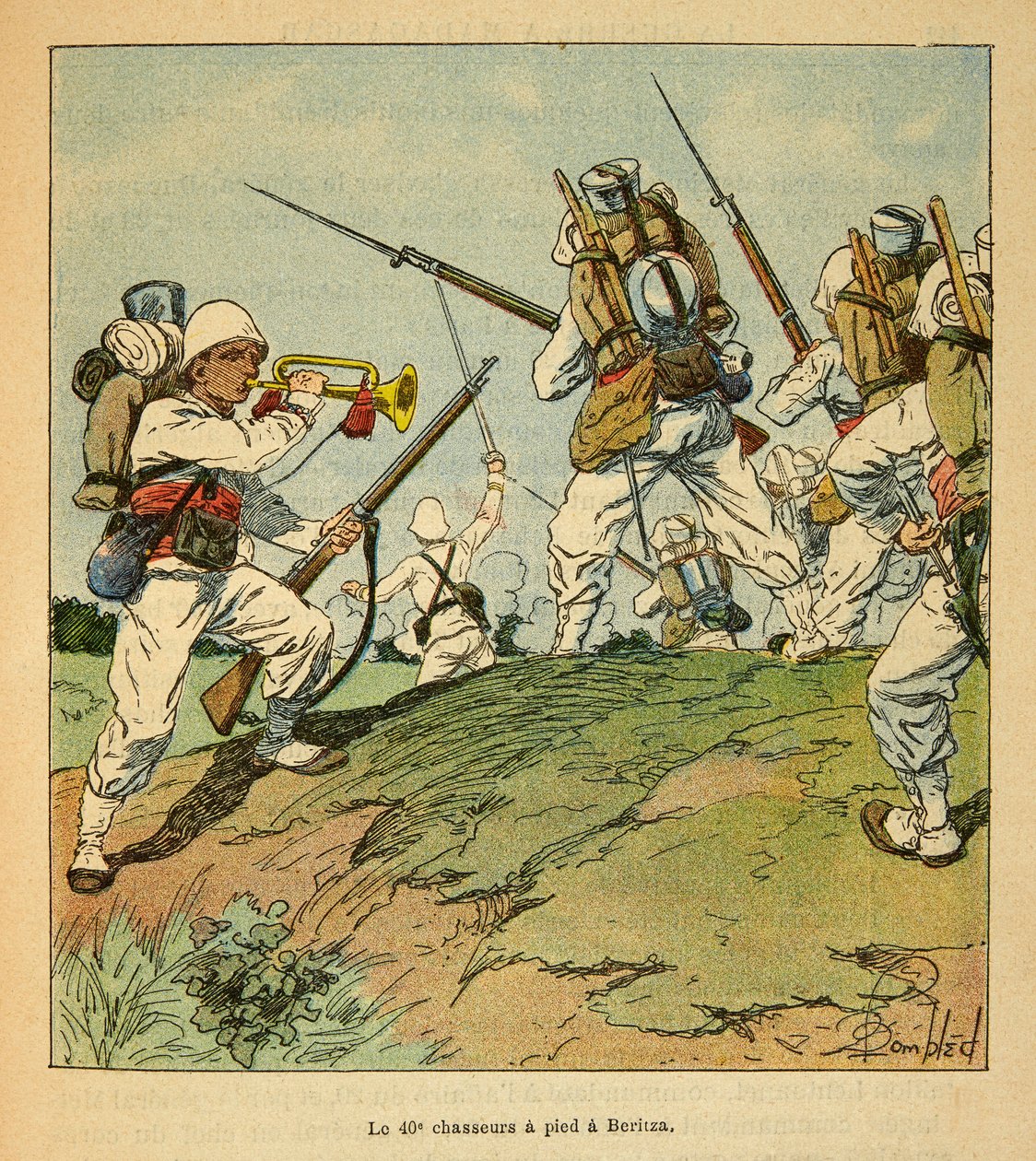La guerra en Madagascar-Historia anecdótica de las expediciones francesas de 1885-1895 por Henri Galli, ilustrado por Louis Bombled: Los 40 cazadores a pie durante la lucha en Beritza en 1895, Colección privada de Louis Charles Bombled