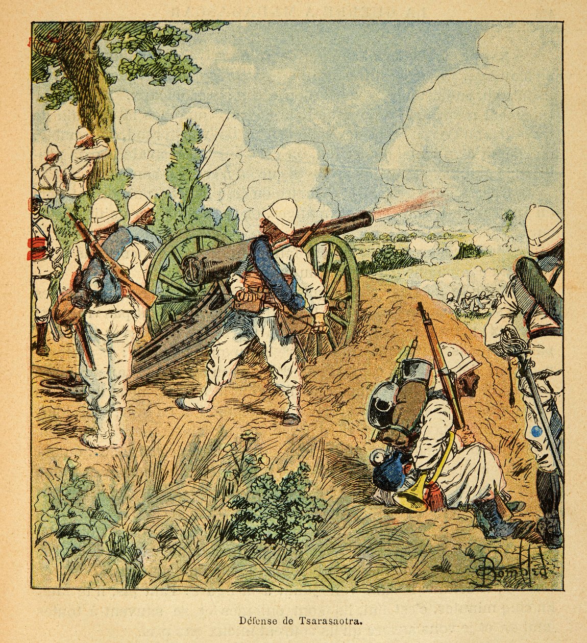 La guerra en Madagascar-Historia anecdótica de las expediciones francesas de 1885-1895 por Henri Galli, ilustrado por Louis Bombled: Defensa de Tsarasaotra en 1895, Colección privada de Louis Charles Bombled