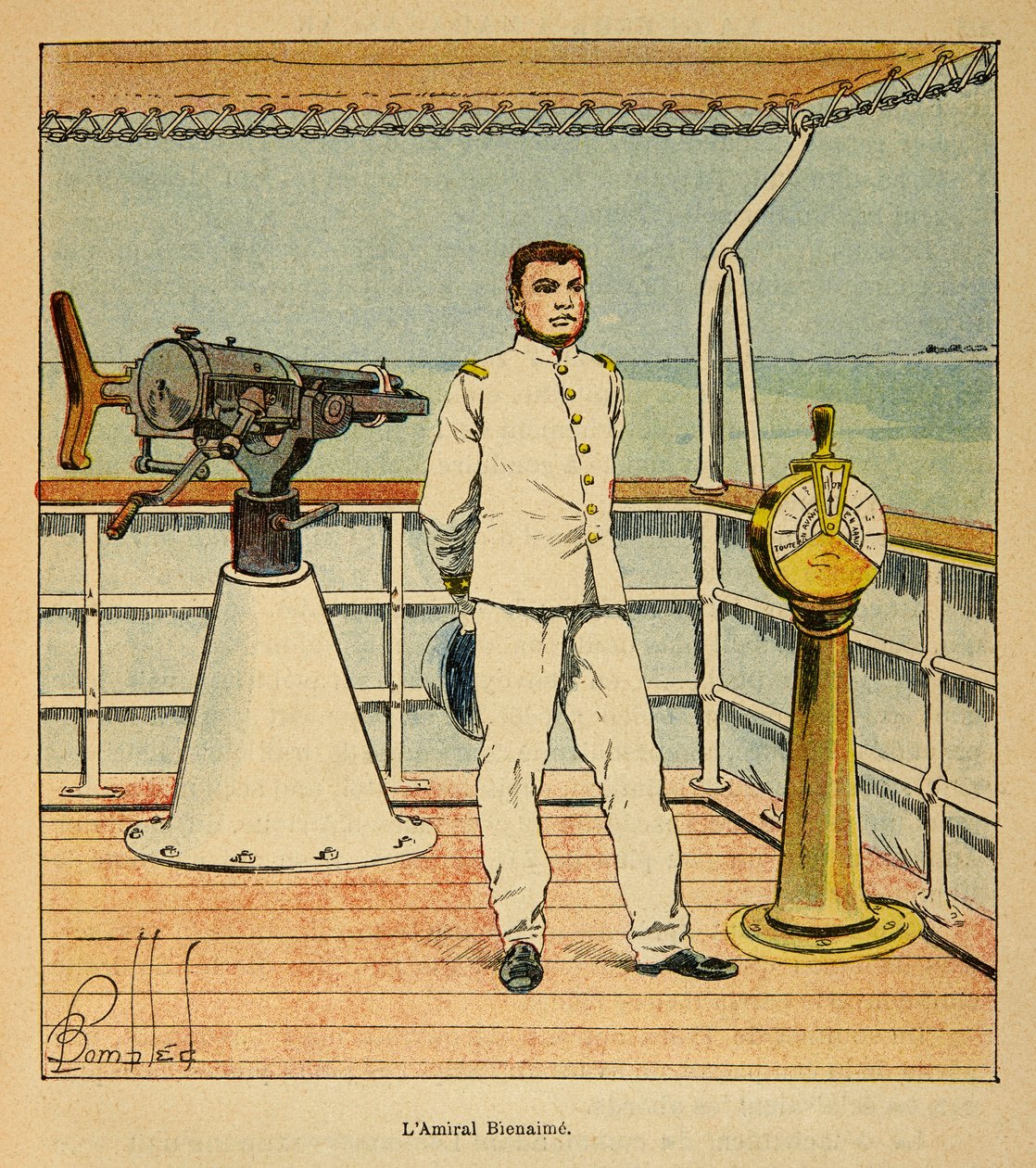 La guerra en Madagascar-Historia anecdótica de las expediciones francesas de 1885-1895 por Henri Galli, ilustrado por Louis Bombled: Retrato del almirante Bienaimé, Colección privada de Louis Charles Bombled