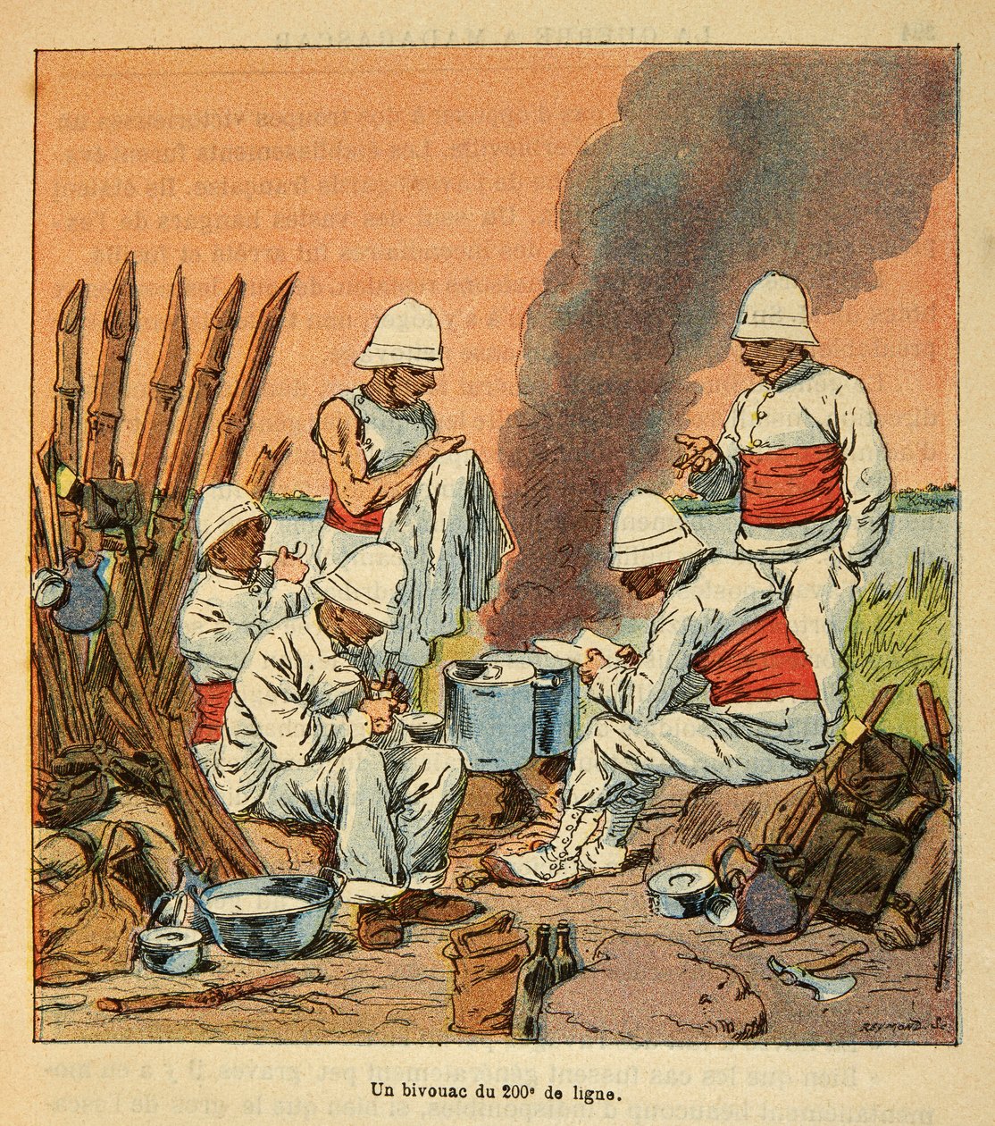 La guerra en Madagascar-Historia anecdótica de las expediciones francesas de 1885-1895 por Henri Galli, ilustrado por Louis Bombled: Un vivac del 200º de línea en Madagascar en 1895, Colección privada de Louis Charles Bombled