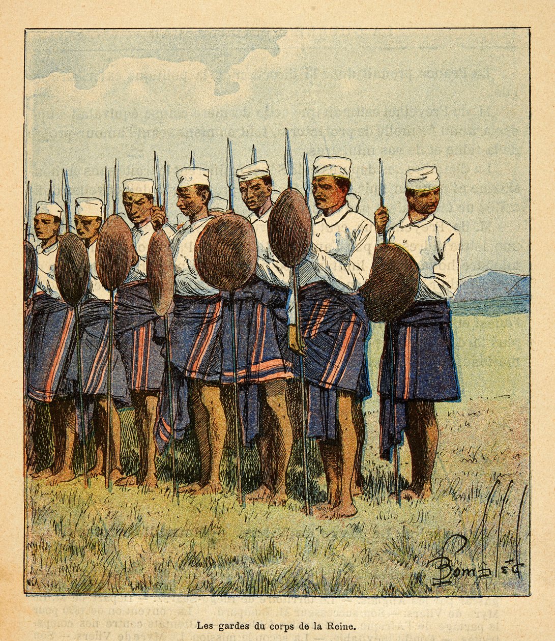 La guerra en Madagascar-Historia anecdótica de las expediciones francesas de 1885-1895 por Henri Galli, ilustrado por Louis Bombled: Guardias de la reina Ranavalona, Colección privada de Louis Charles Bombled