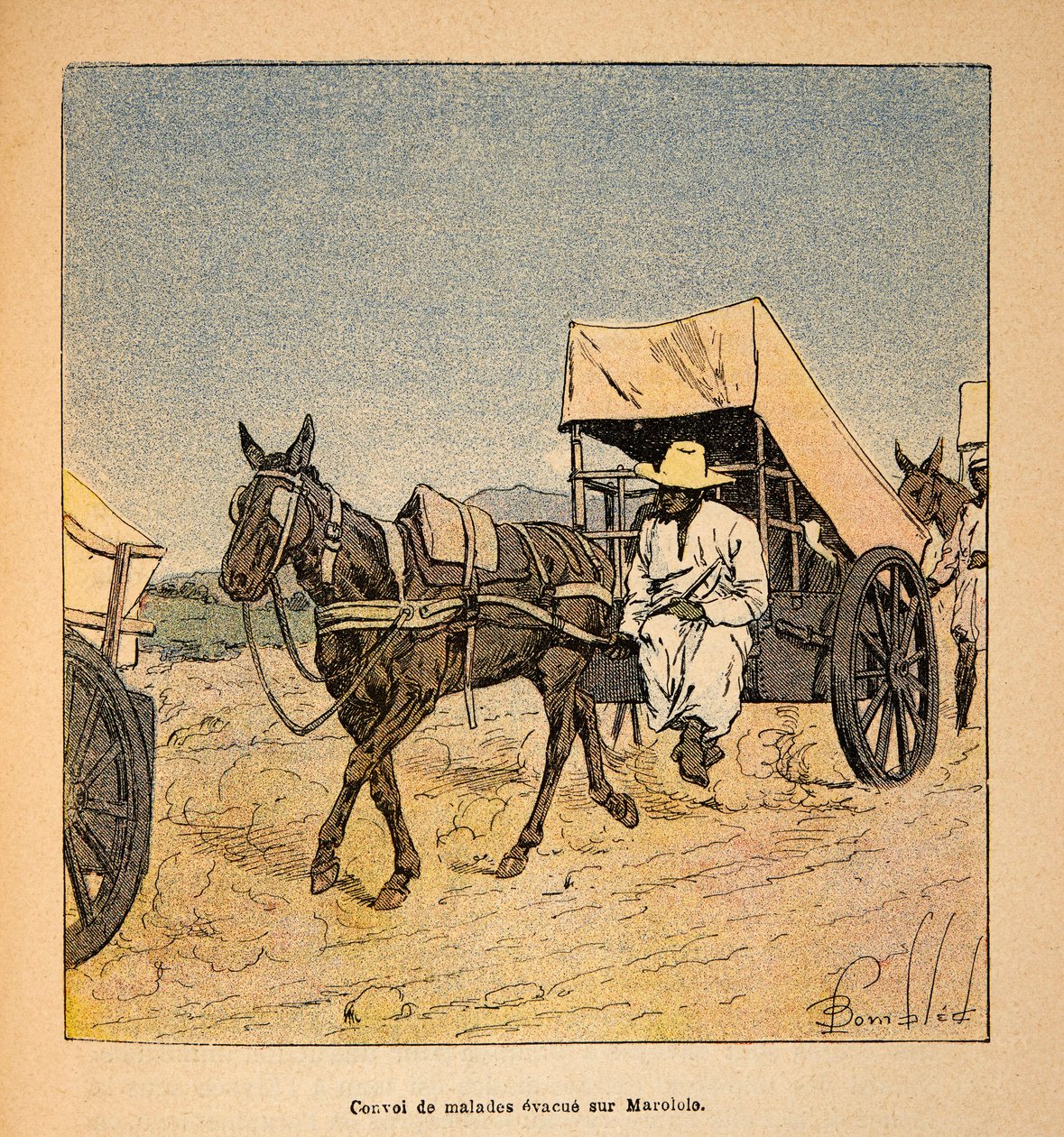 La Guerra en Madagascar-Historia Anecdótica de las Expediciones Francesas de 1885-1895 por Henri Galli dit Galllichet (1854-1922), ilustrado por Louis Bombled (1862-1927): Convoy de enfermos escapando en Marololo, Colección Privada de Louis Charles Bombled