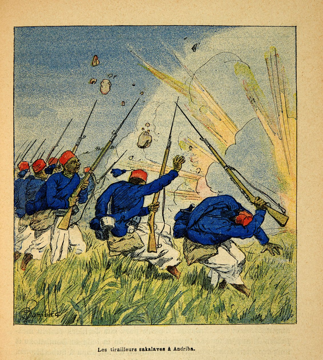 La Guerra en Madagascar-Historia Anecdótica de las Expediciones Francesas de 1885-1895 por Henri Galli dit Galllichet (1854-1922), ilustrado por Louis Bombled (1862-1927): Los Tiradores Sakalave durante los combates en Andriba en 1895, Colección Privada de Louis Charles Bombled