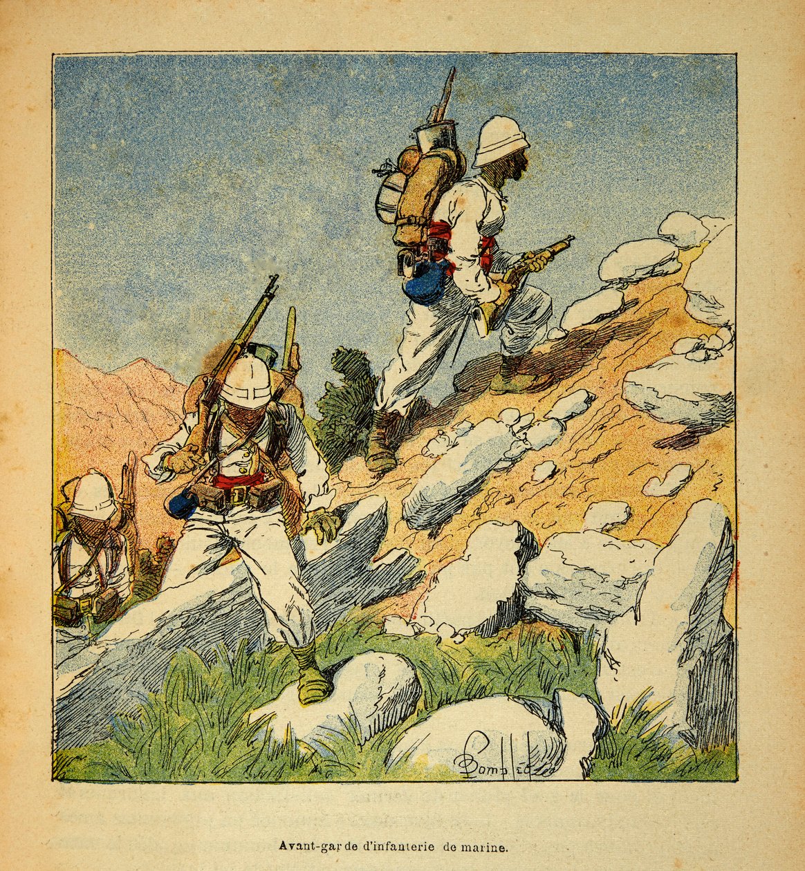 La Guerra en Madagascar-Historia Anecdótica de las Expediciones Francesas de 1885-1895 por Henri Galli dit Galllichet (1854-1922), ilustrado por Louis Bombled (1862-1927): Vanguardia de infantería en Madagascar en 1895, Colección Privada de Louis Charles Bombled
