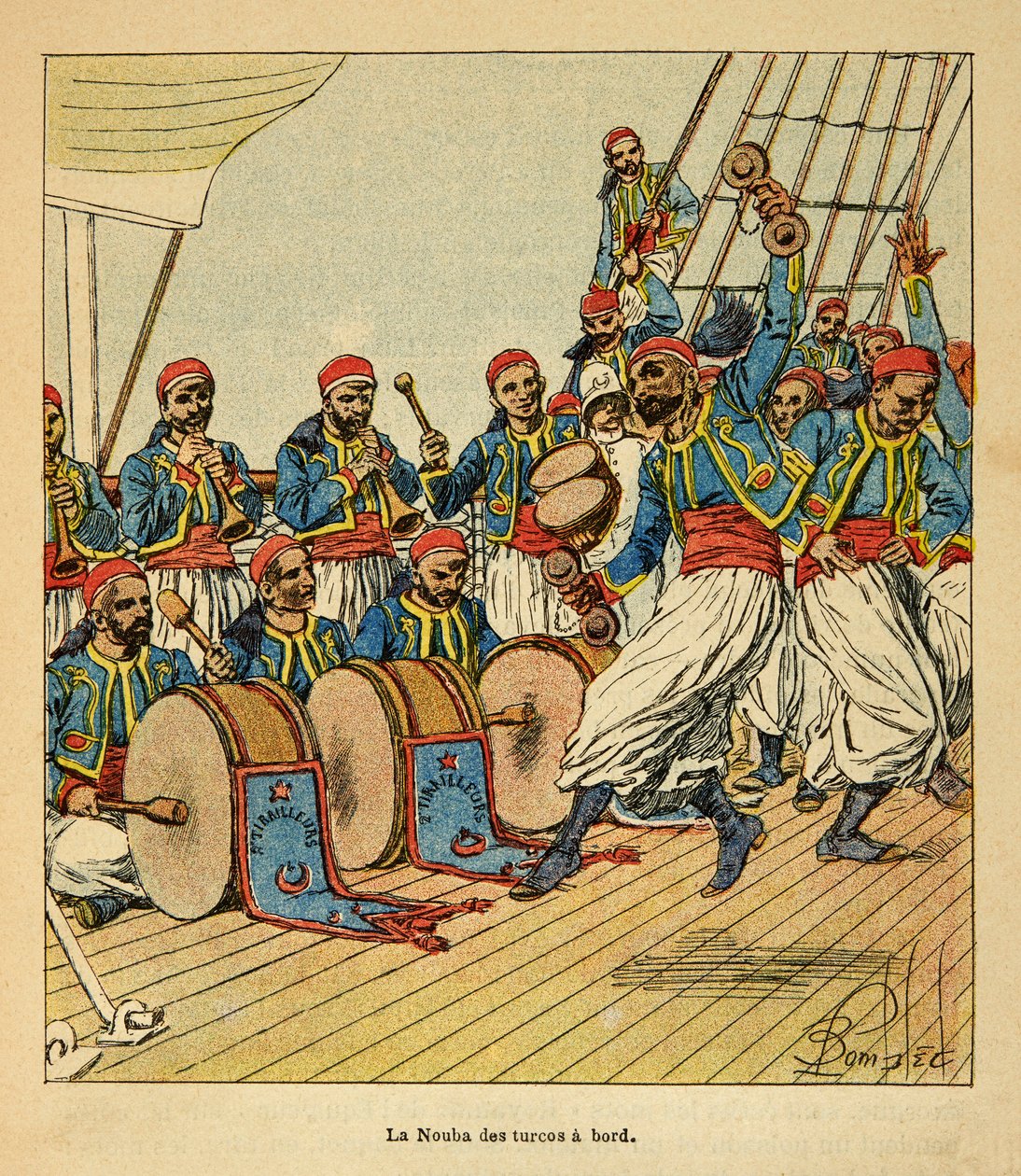 La Guerra en Madagascar-Historia Anecdótica de las Expediciones Francesas de 1885-1895 por Henri Galli dit Galllichet (1854-1922), ilustrado por Louis Bombled (1862-1927): La nouba de los turcos a bordo del barco navegando hacia Madagascar, Colección Priva de Louis Charles Bombled