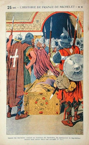 El descubrimiento del cuerpo momificado del emperador Justiniano (483-565) durante la toma de Constantinopla por los cruzados en 1204, ilustración de "Histoire de France" de Jules Michelet (1798-1874) c.1900 (litografía en color) de Louis Charles Bombled
