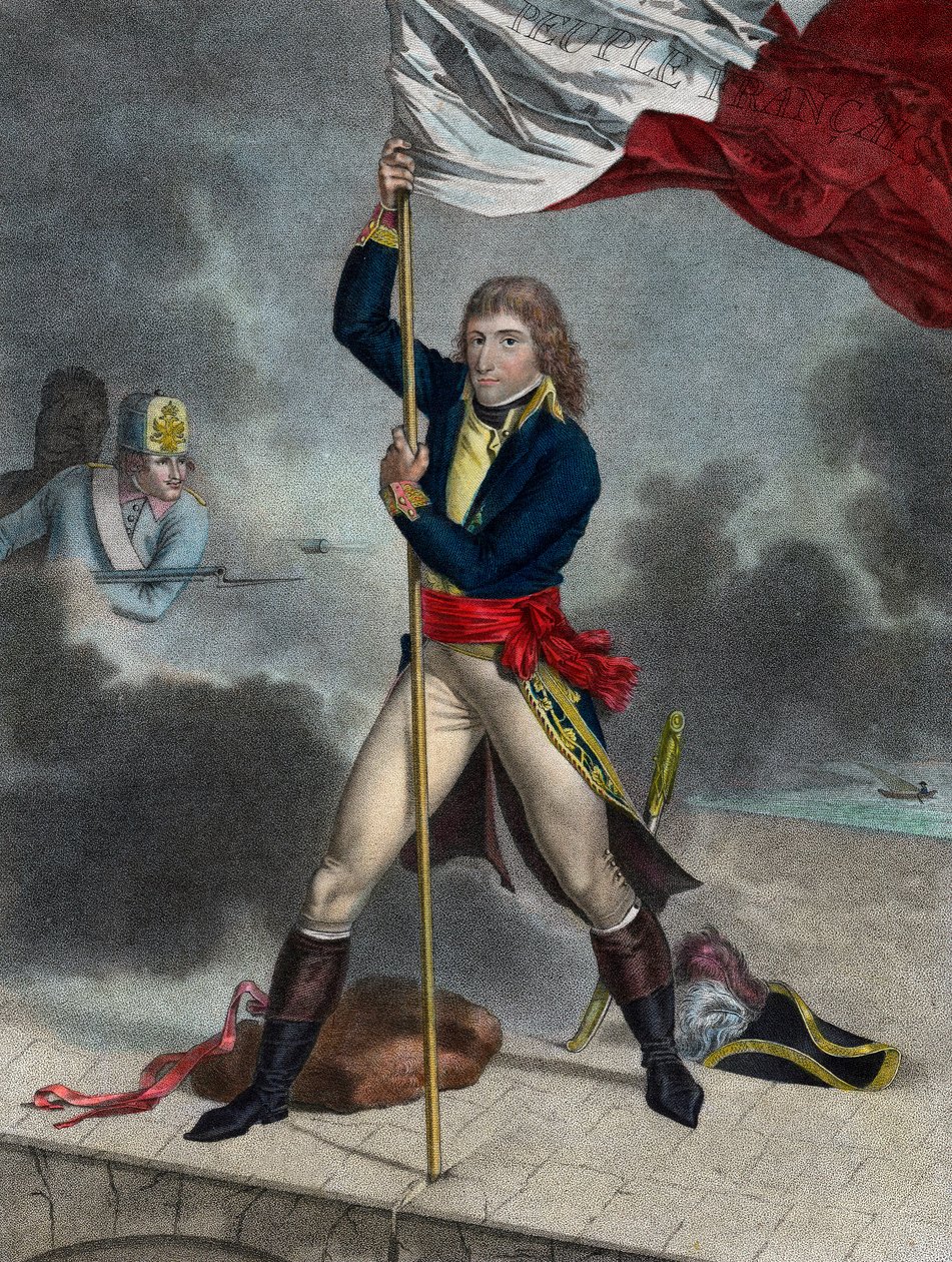 Napoleón Bonaparte durante la Batalla del Puente de Arcole (Arcola), noviembre de 1796 - Buonaparte General en Jefe del Ejército de Italia plantando una bandera en el puente de Arcole en 1796 - grabado por Louis Charles Ruotte de Louis Charles Ruotte