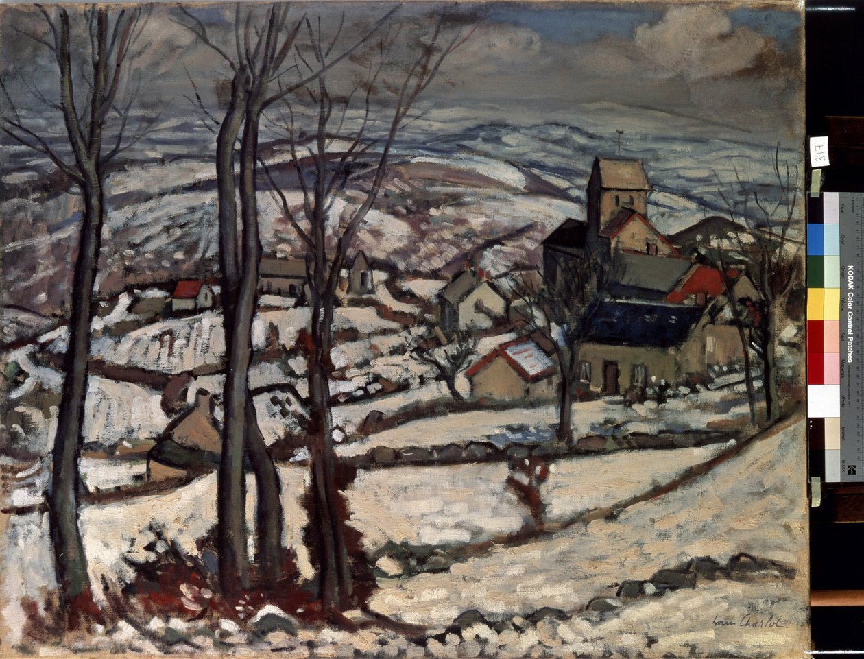 Pueblo de Morvan bajo la nieve. Pintura de Louis Charlot (1878-1951) de Louis Charlot